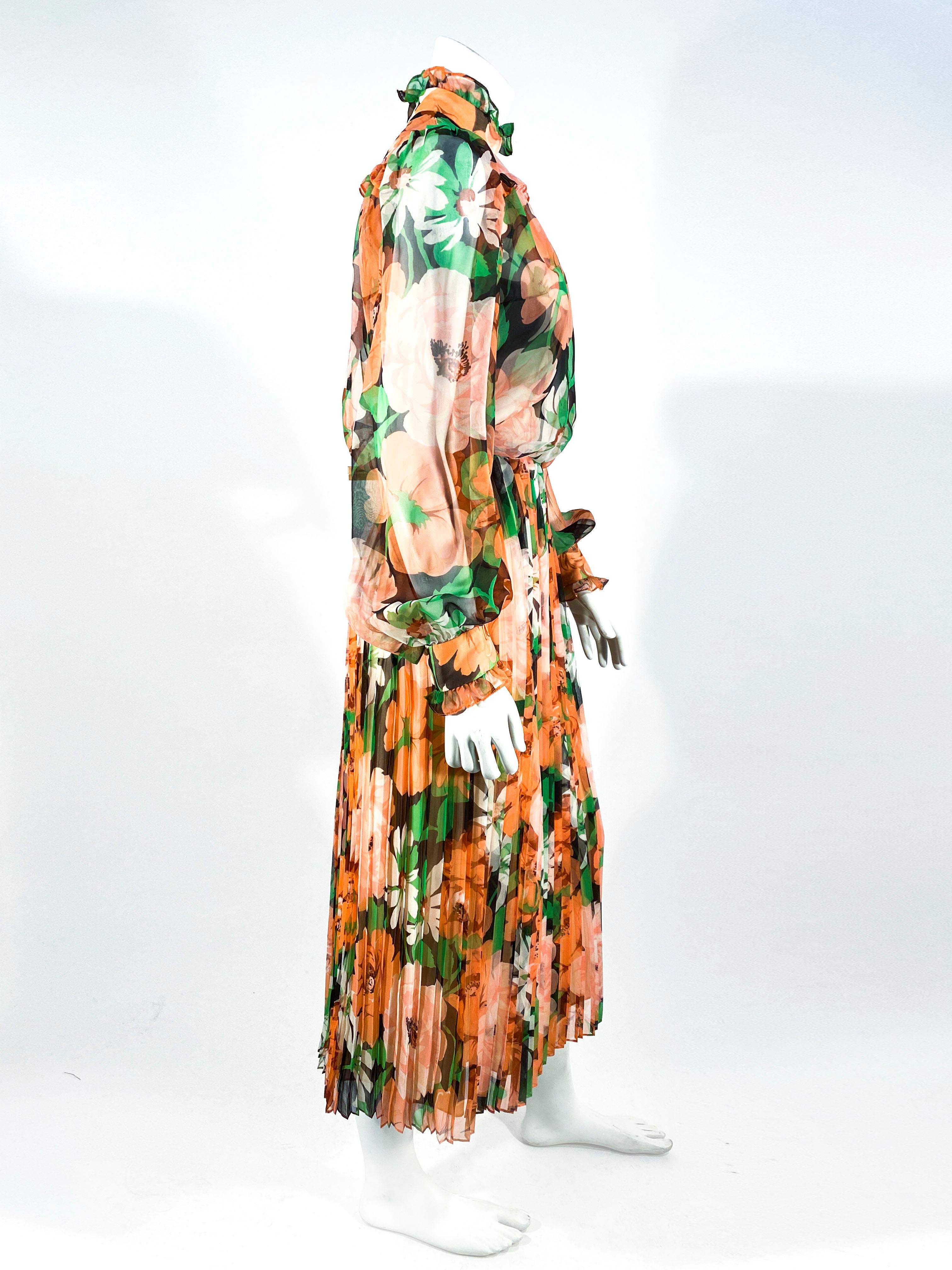 Beige 1970s Floral Printed Chiffon Prairie Dress For Sale