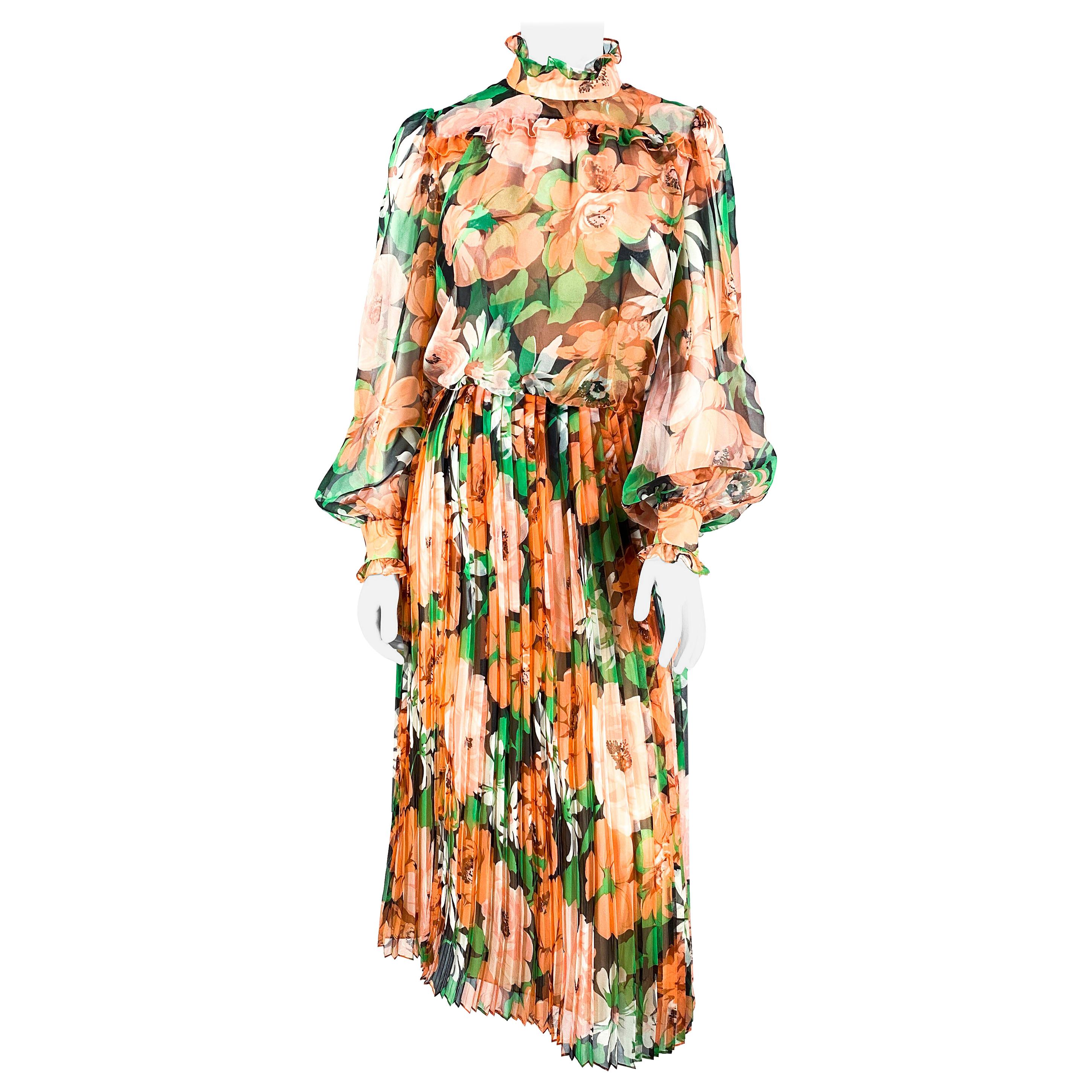 1970s Floral Printed Chiffon Prairie Dress For Sale