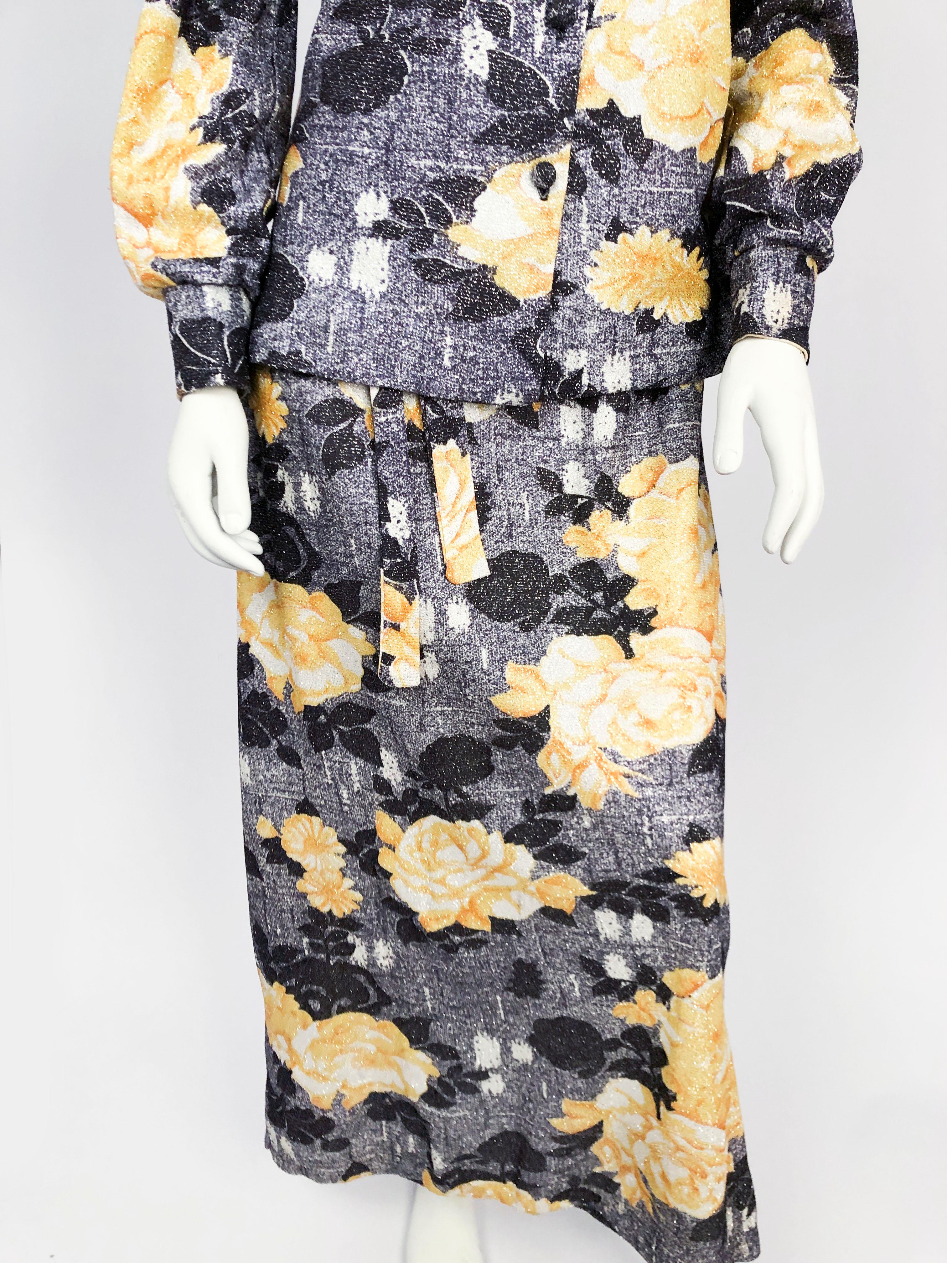 1970s Floral Printed Dress and Overshirt Set in grey and yellow knit with silver metallic laurex. Also features, covered buttons, butterfly collar, and cuffed sleeves.