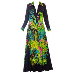 1970S MR. DINO Black Polyester Jersey Placed Floral Print Maxi Dress