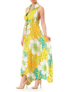 1970S Floral Satin Back Rayon Halter Maxi Dress With Hand Done Button Holes, Hi