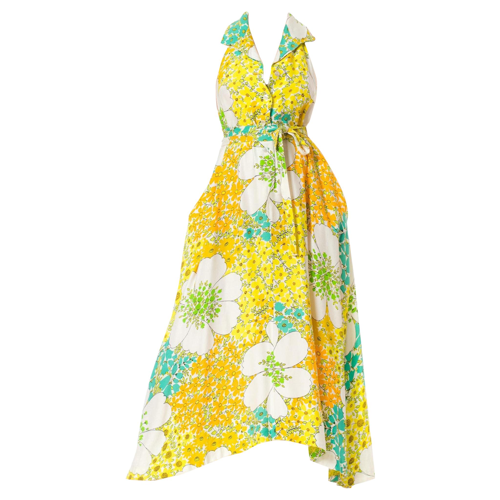 1970S Floral Satin Back Rayon Halter Maxi Dress For Sale