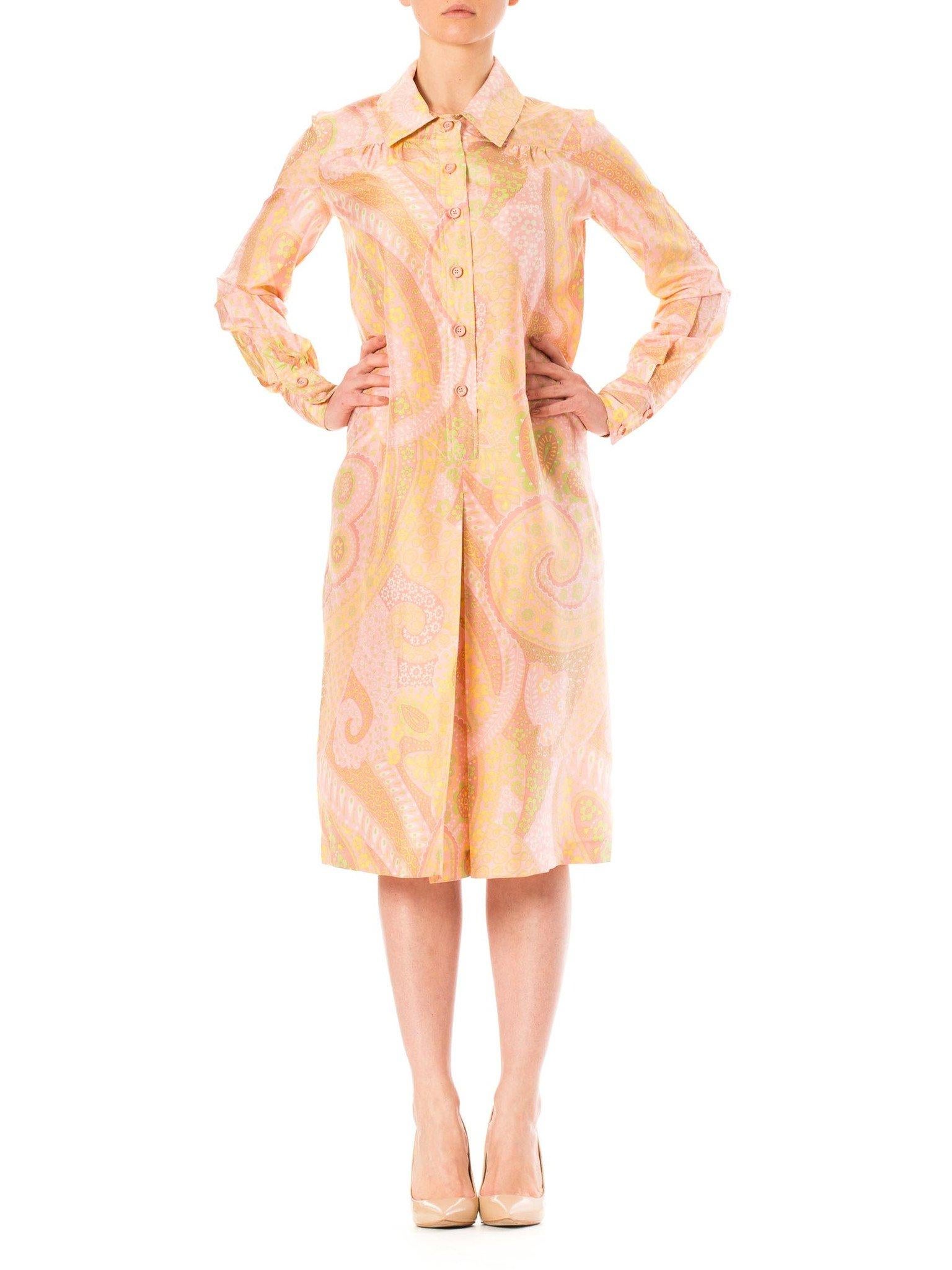 Orange 1960S Coral Pink & Yellow Floral Silk Paisley Print Long Sleeve Tunic  Dress For Sale