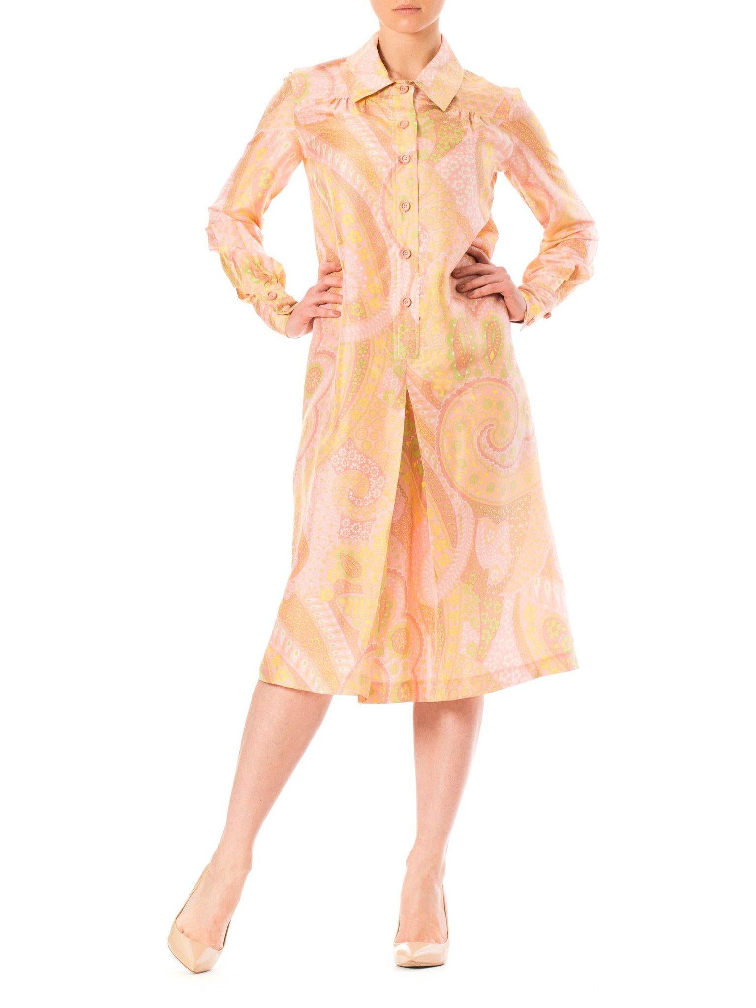 1960S Coral Pink & Yellow Floral Silk Paisley Print Long Sleeve Tunic  Dress For Sale 1