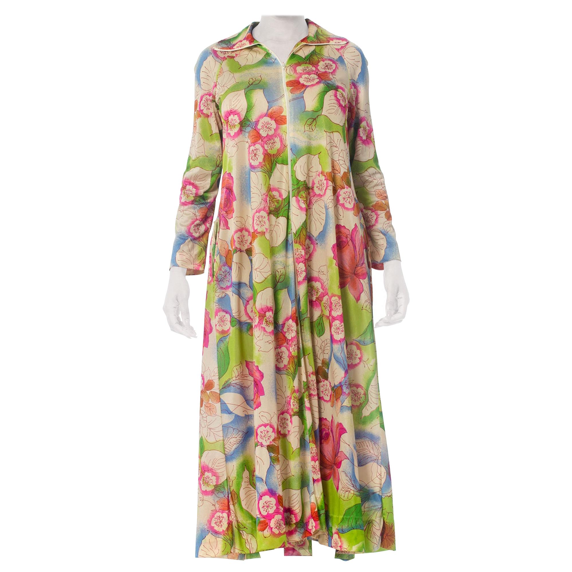 1970S Floral Slinky Nylon Kaftan With Pockets