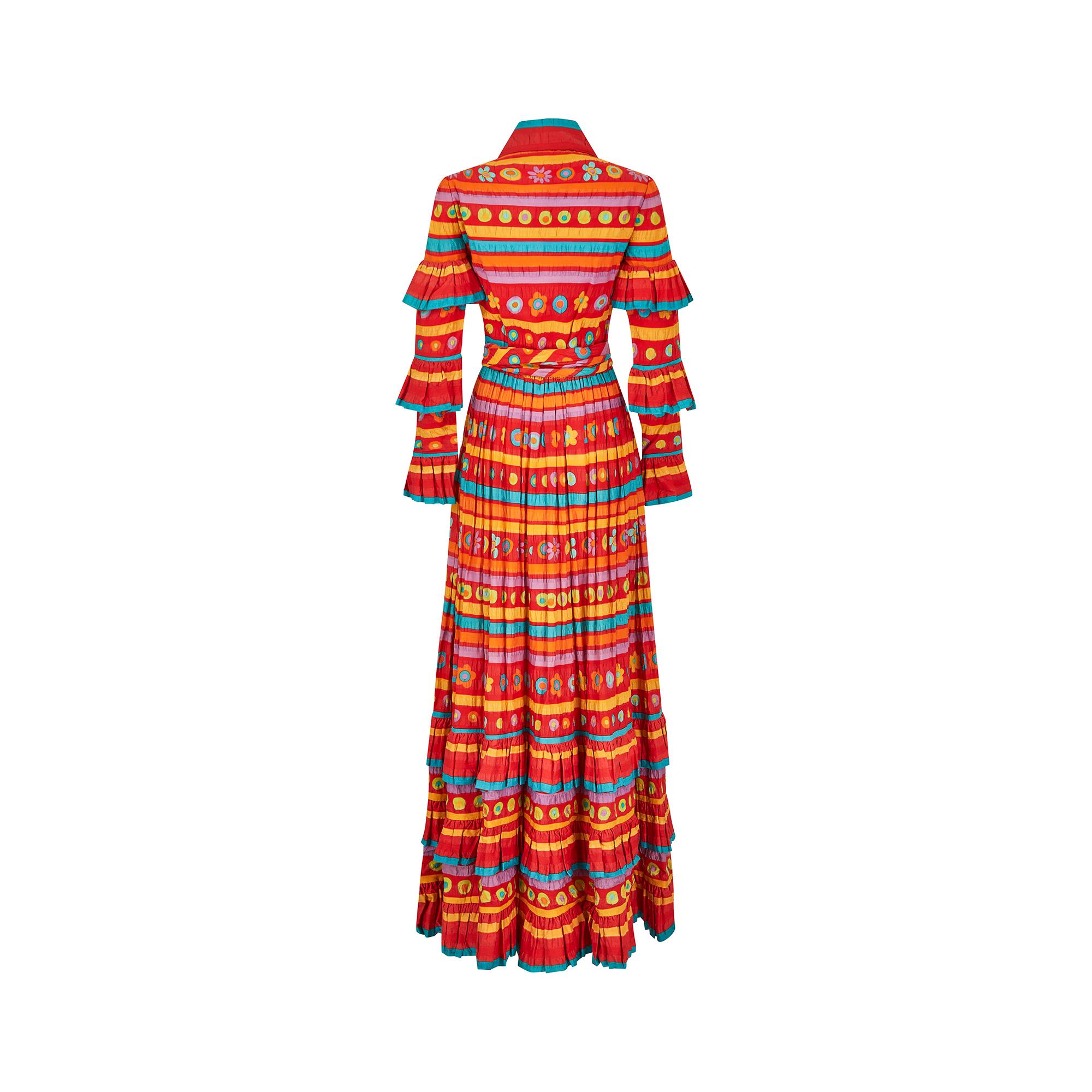 Red 1970s Floral Striped Shirtwaister Maxi Dress