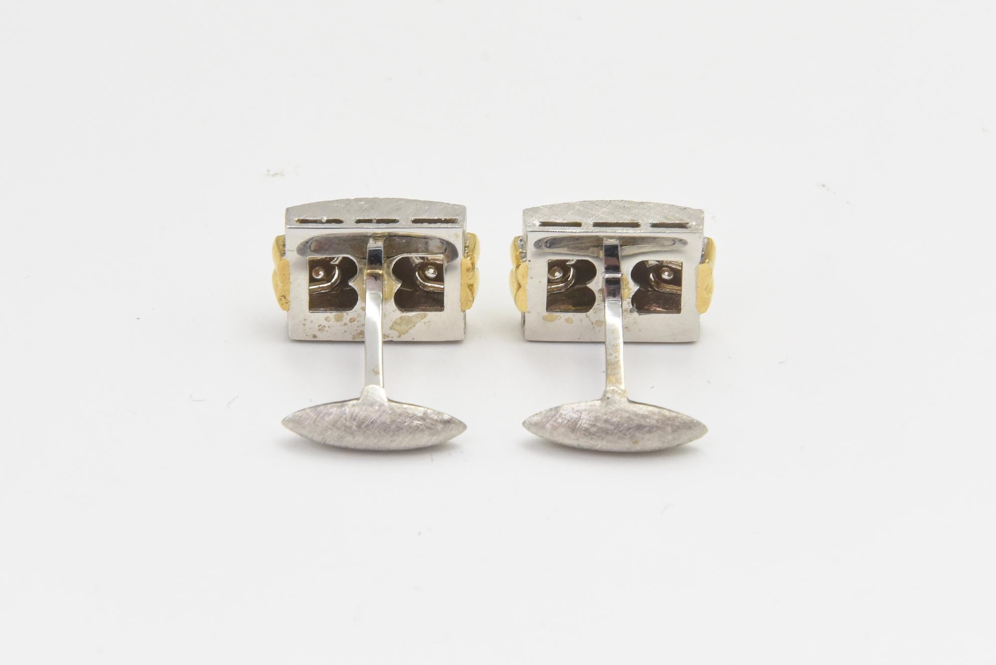1970s Florentine Finished White Gold with Diamond Yellow Gold Accents Cufflinks For Sale 5