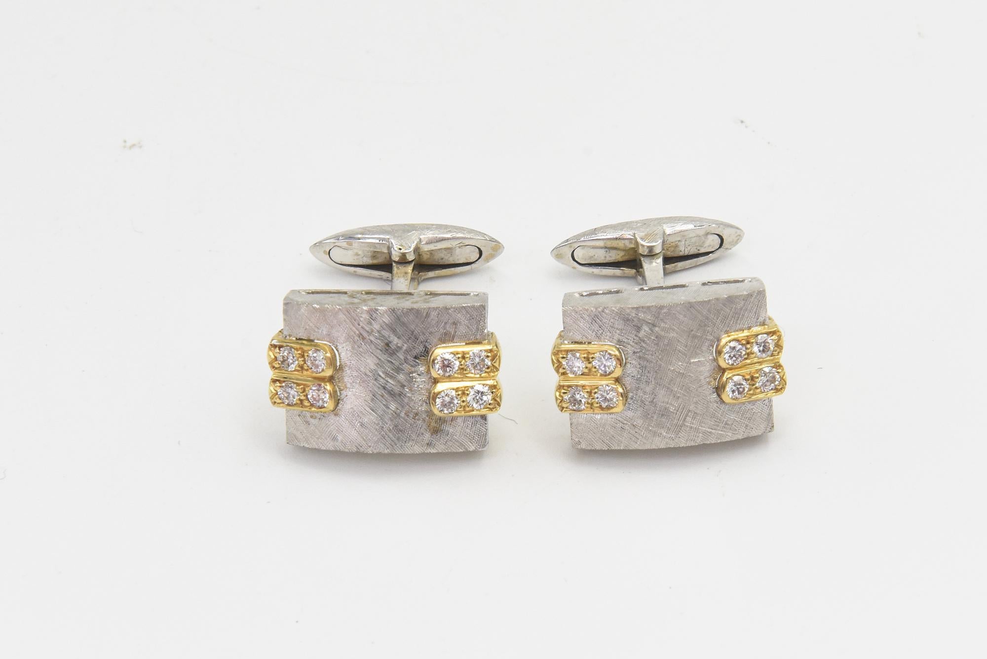 These elegant 1970s cufflinks feature an 18k white gold rectangle with a Florentine finish with 2 diamond bar yellow gold accents on either side.  Even the t-bar closure has a white gold Florentine finish.  Marked 18k BAGH and in a box from NY