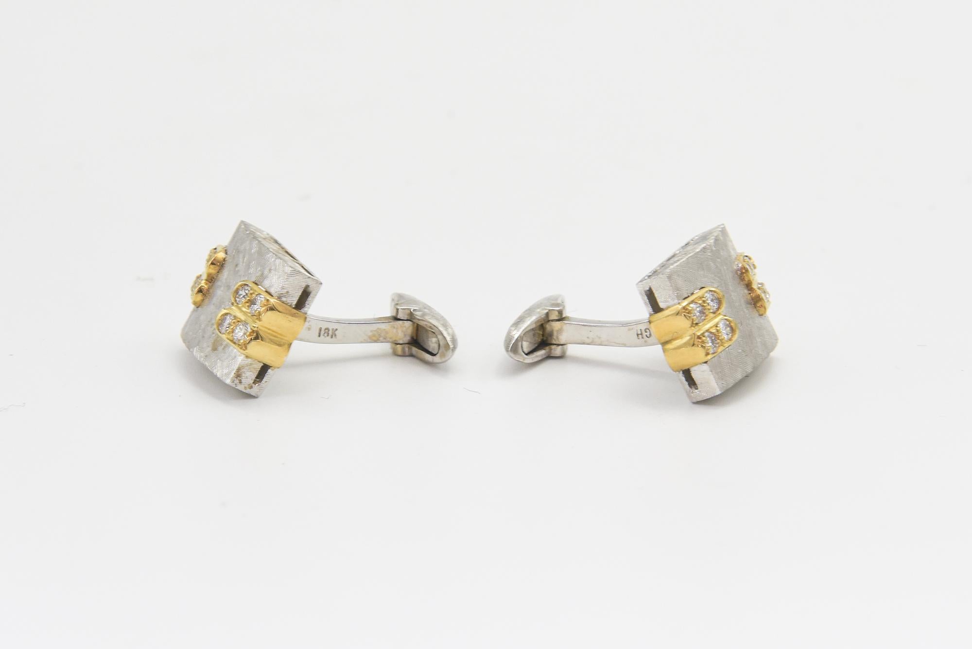 Round Cut 1970s Florentine Finished White Gold with Diamond Yellow Gold Accents Cufflinks For Sale