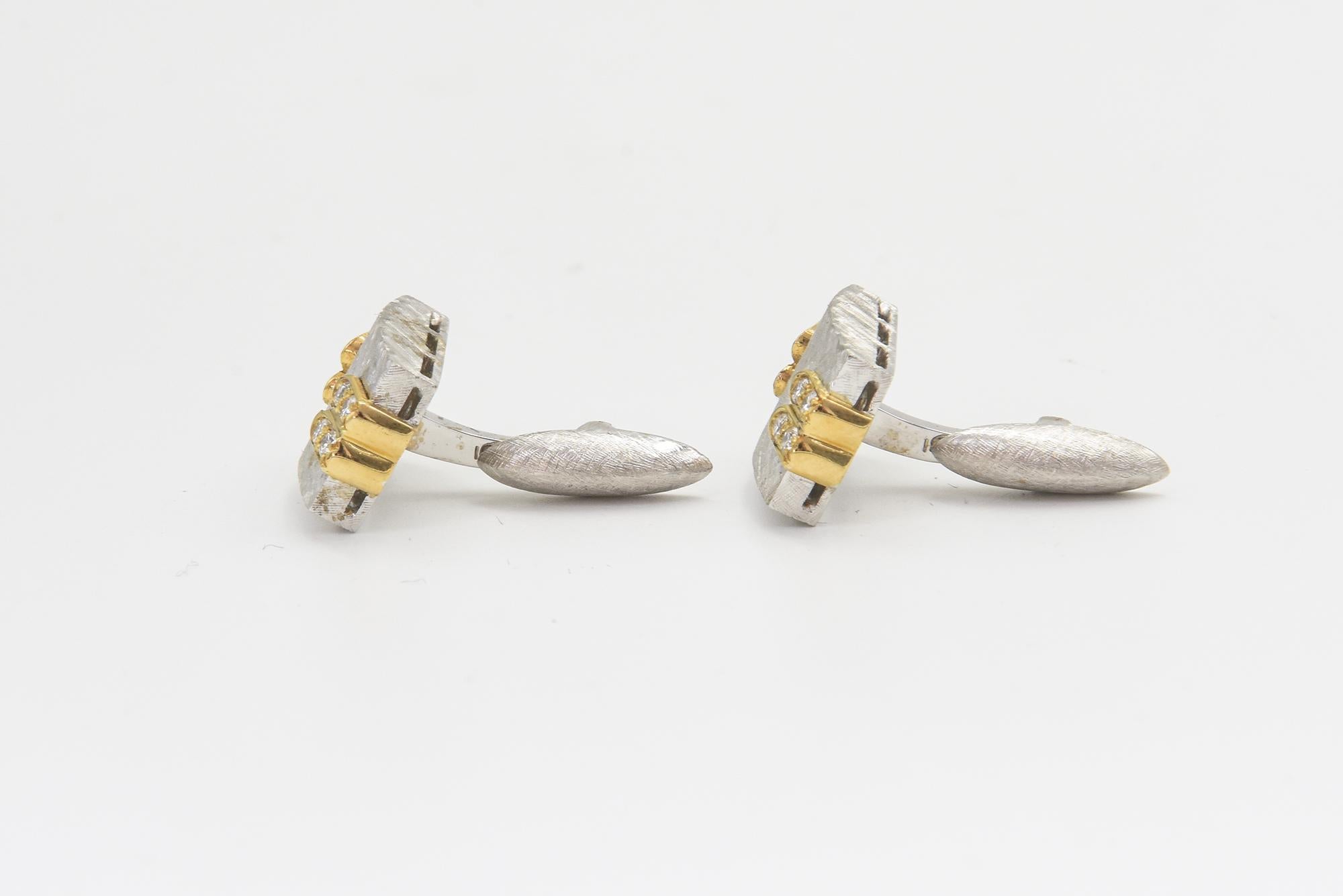 Women's or Men's 1970s Florentine Finished White Gold with Diamond Yellow Gold Accents Cufflinks For Sale