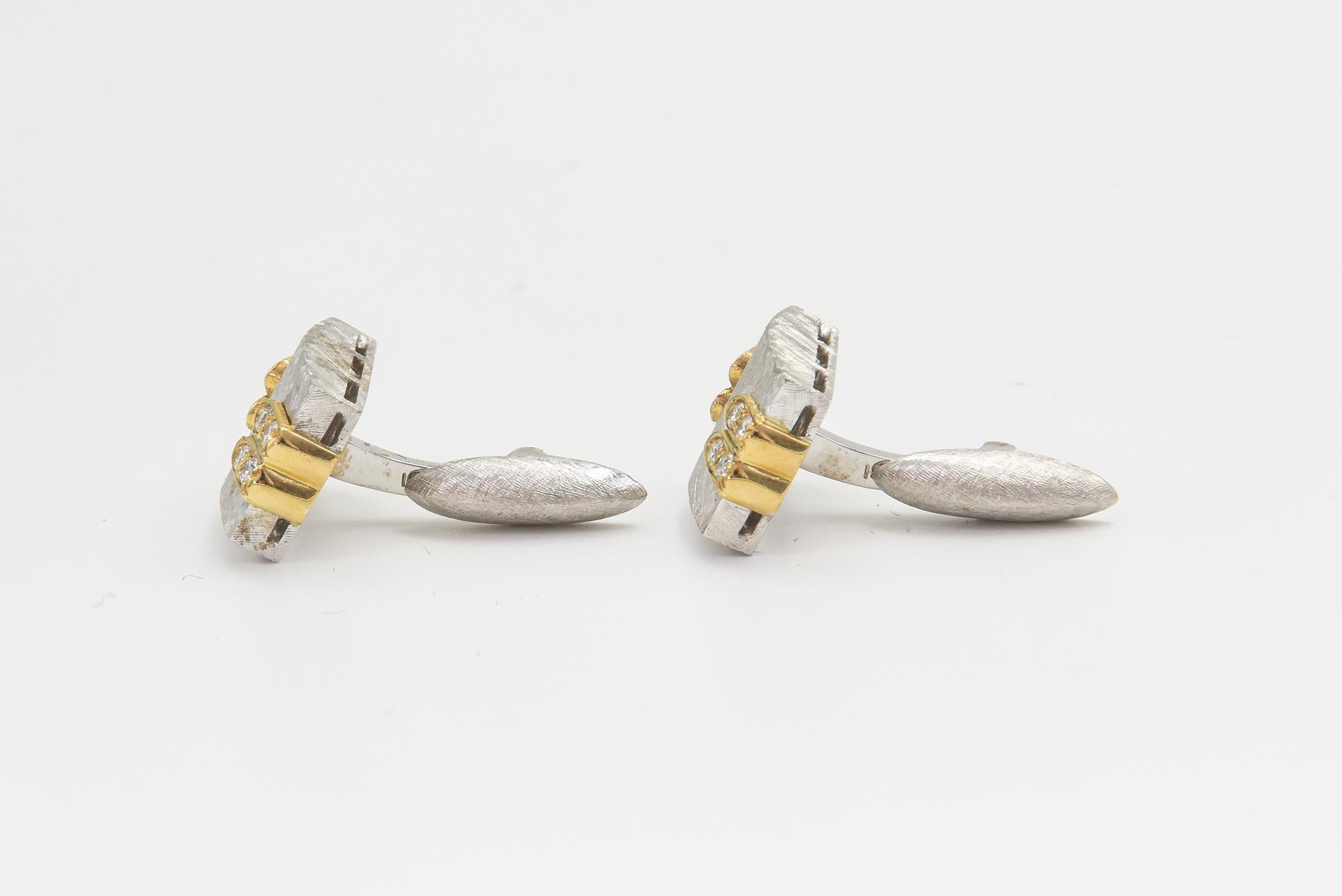 1970s Florentine Finished White Gold with Diamond Yellow Gold Accents Cufflinks For Sale 1