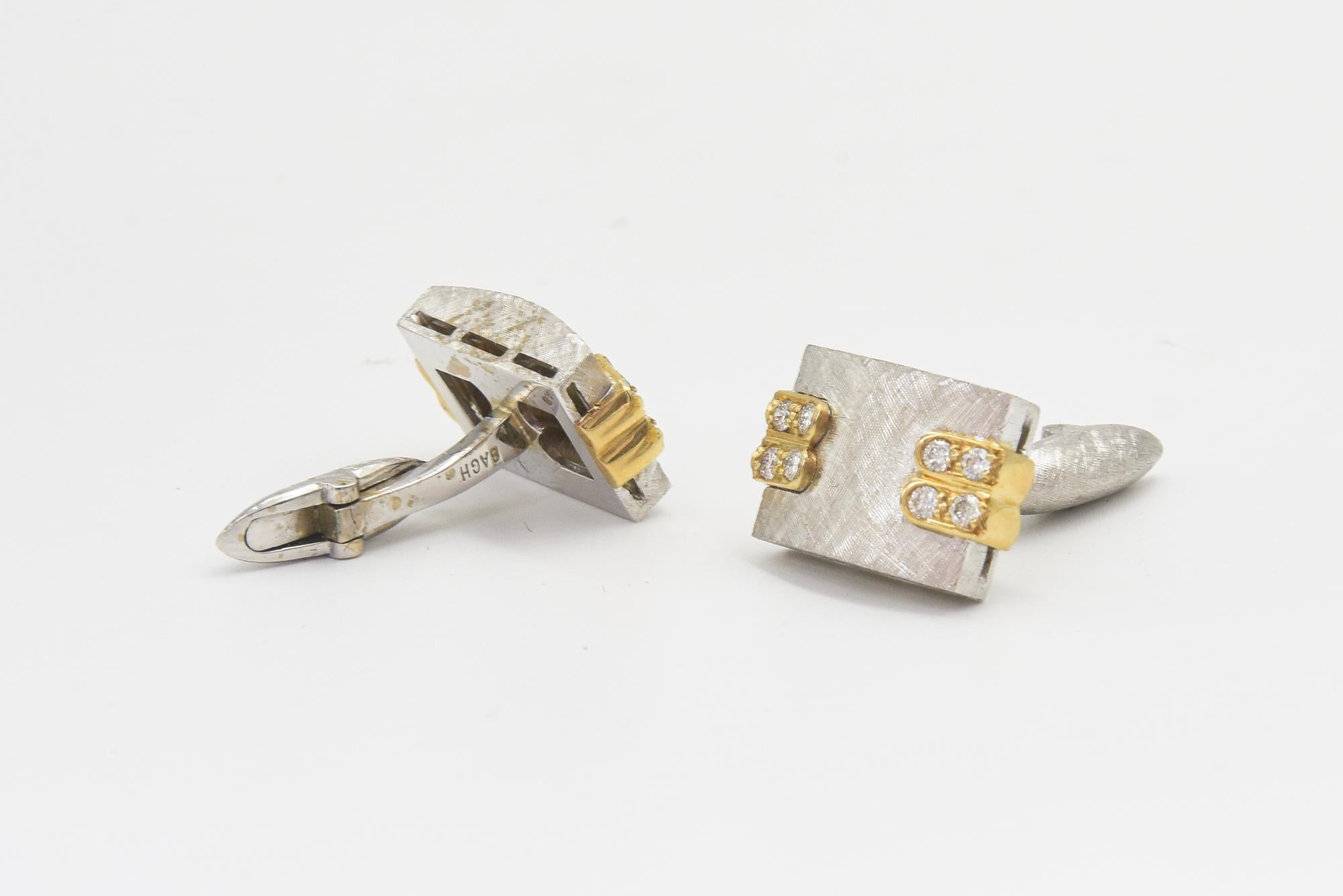1970s Florentine Finished White Gold with Diamond Yellow Gold Accents Cufflinks For Sale 2