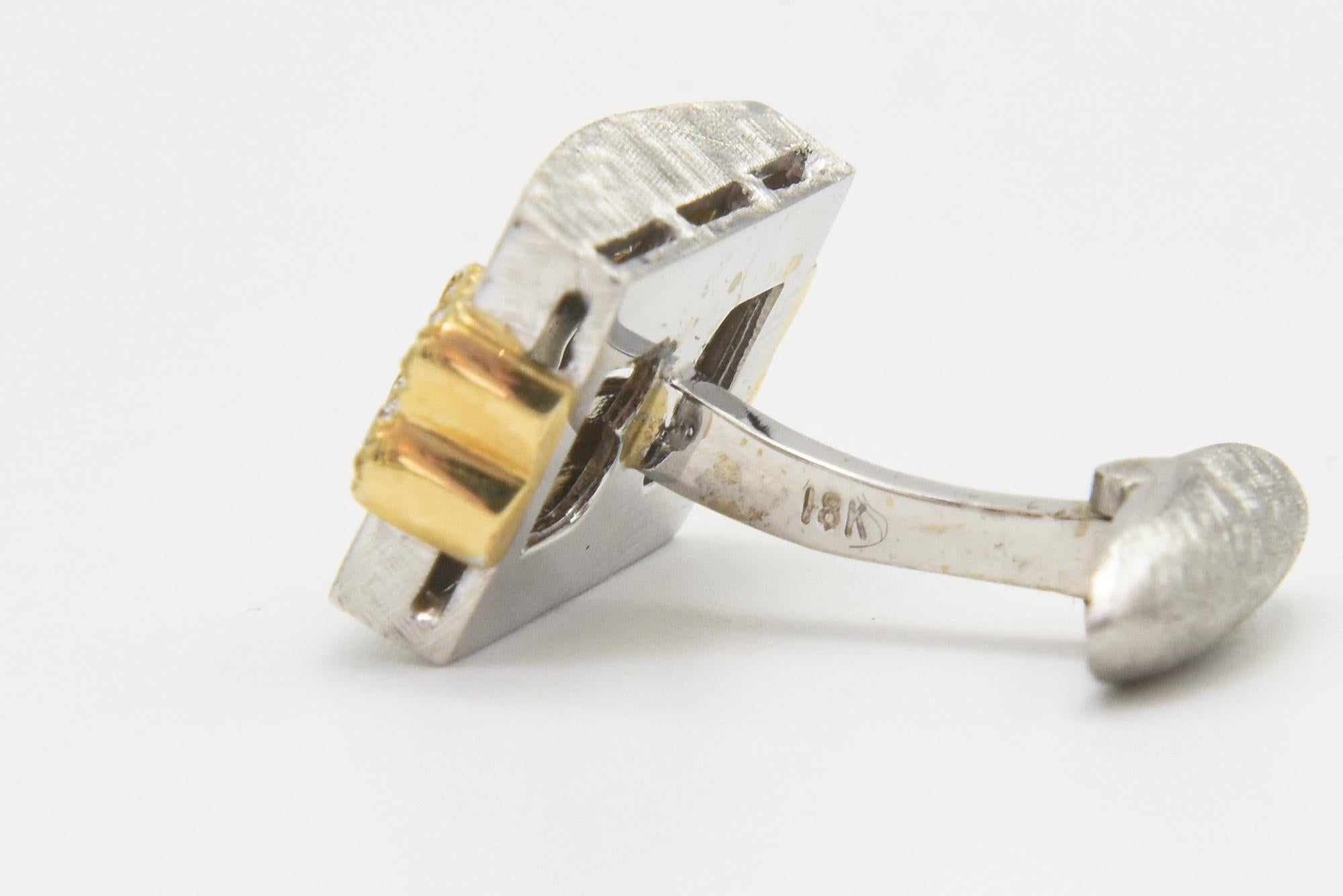 1970s Florentine Finished White Gold with Diamond Yellow Gold Accents Cufflinks For Sale 4