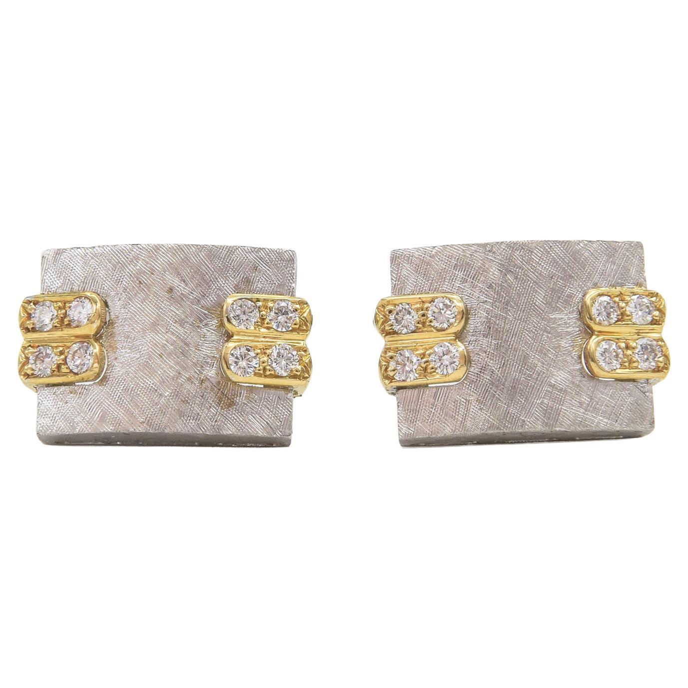 1970s Florentine Finished White Gold with Diamond Yellow Gold Accents Cufflinks For Sale