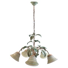 1970s Florentine Five-Light Chandelier Hand-Painted Metal Glass Shades