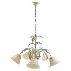 1970s Florentine Five-Light Chandelier Hand-Painted Metal Glass Shades
