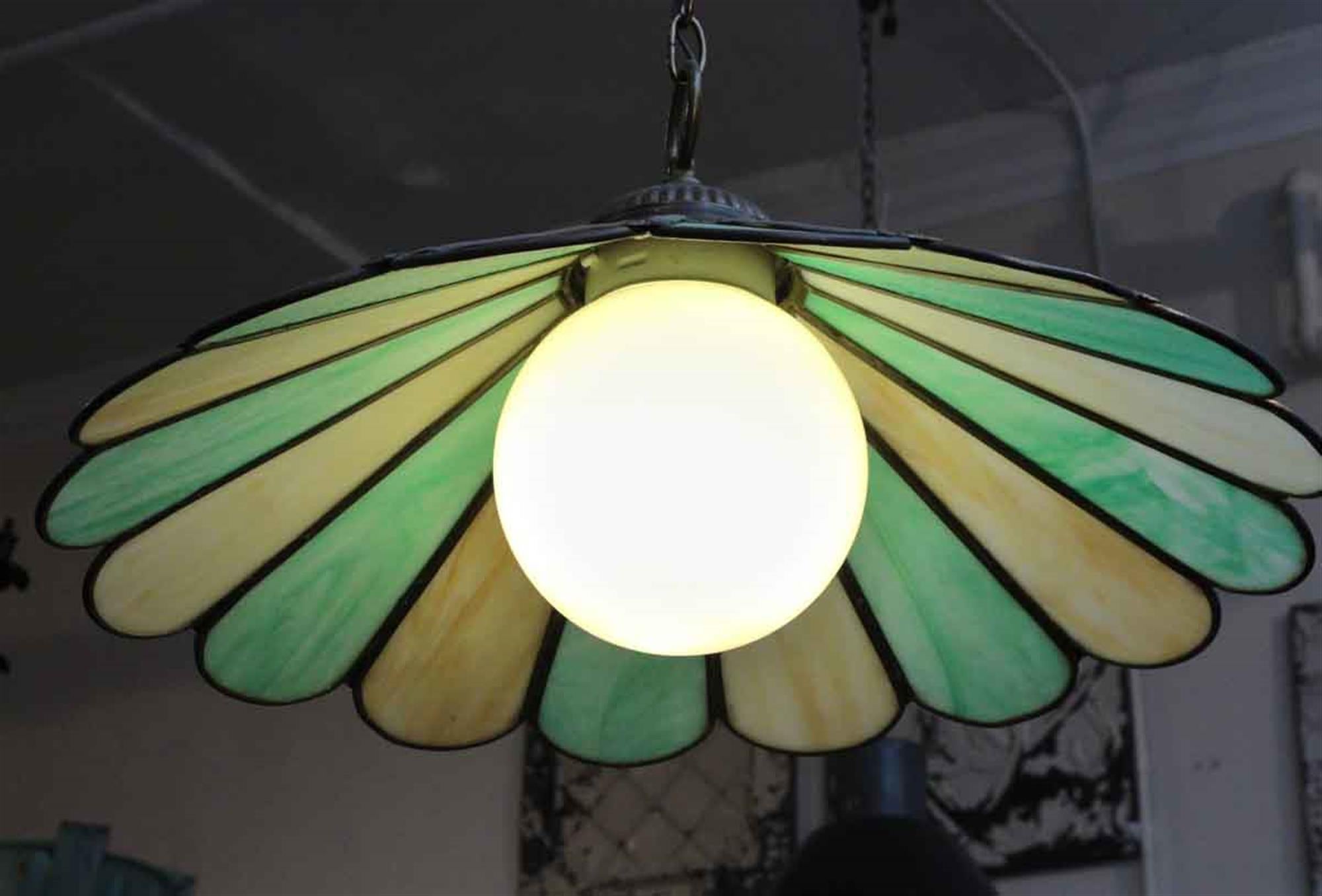 1970s Flower Power Green and Yellow Stained Glass Pendant Light In Excellent Condition In New York, NY