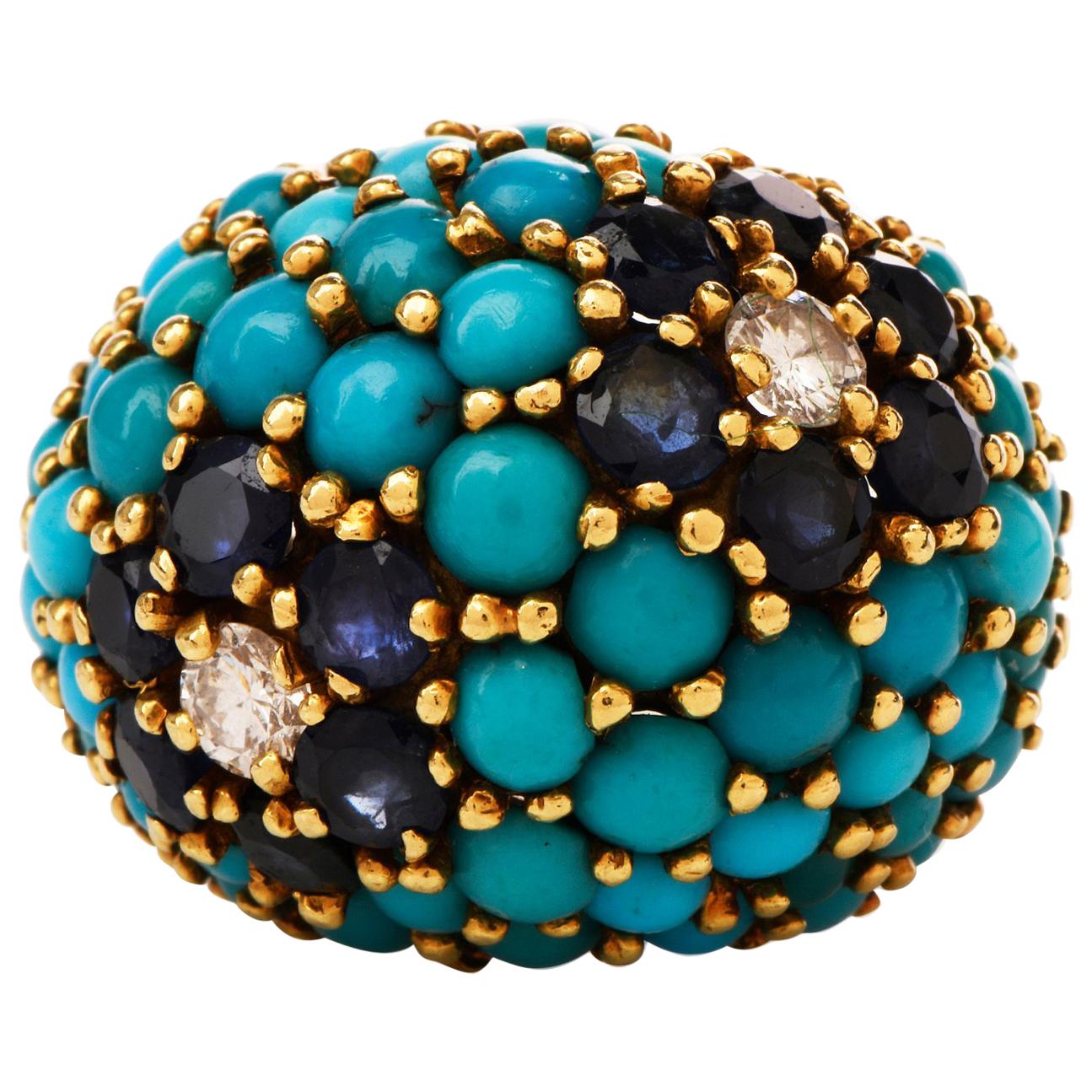  This beautiful vintage circa 1960s flower multi-gem cocktail cluster ring is crafted in 18-karat yellow gold, weighing 14.7 grams and measuring 17mm x 11mm high. Composed of a cluster of prong-set round cabochon Persian turquoise. Showing 12