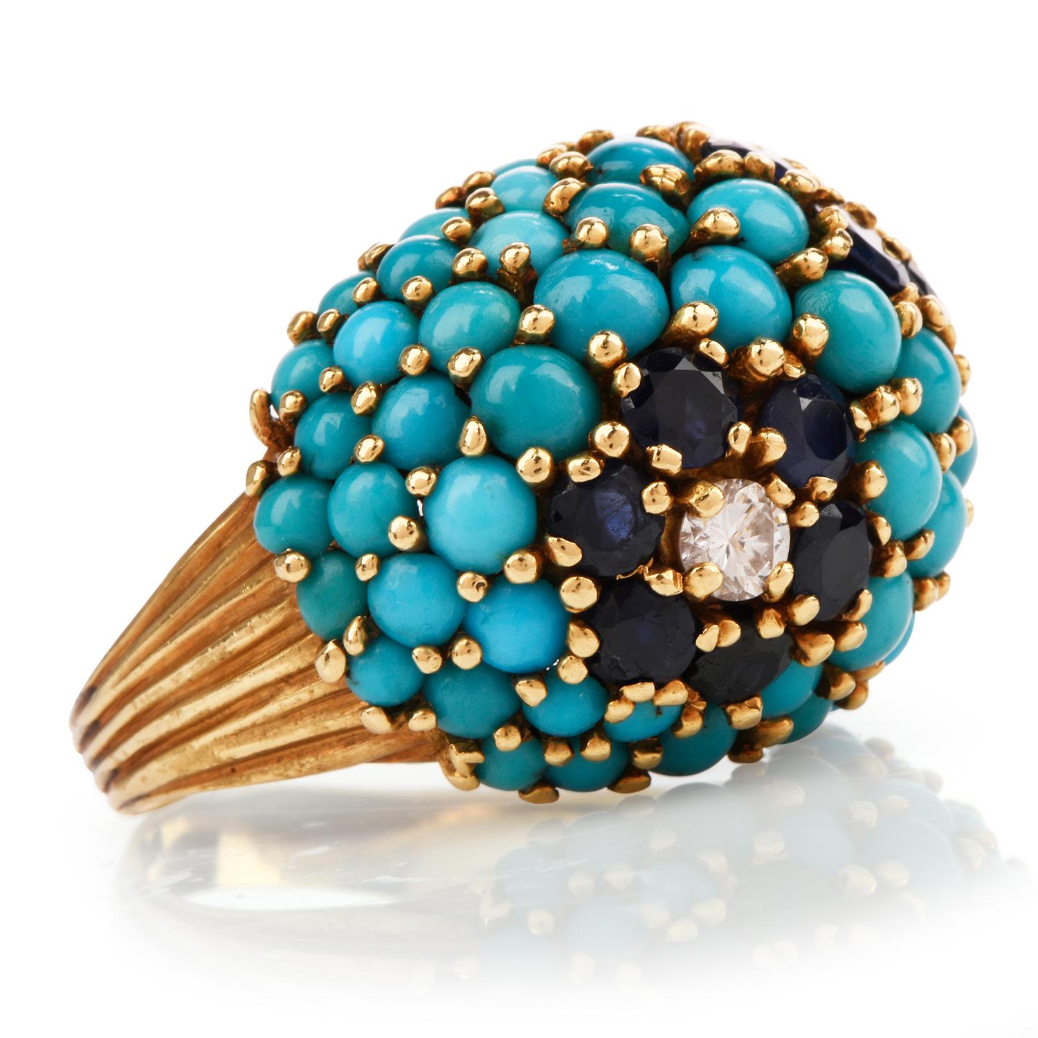 1970s Chic Turquoise Sapphire Diamond 18 Karat Gold  Dome Bombe Ring In Excellent Condition In Miami, FL