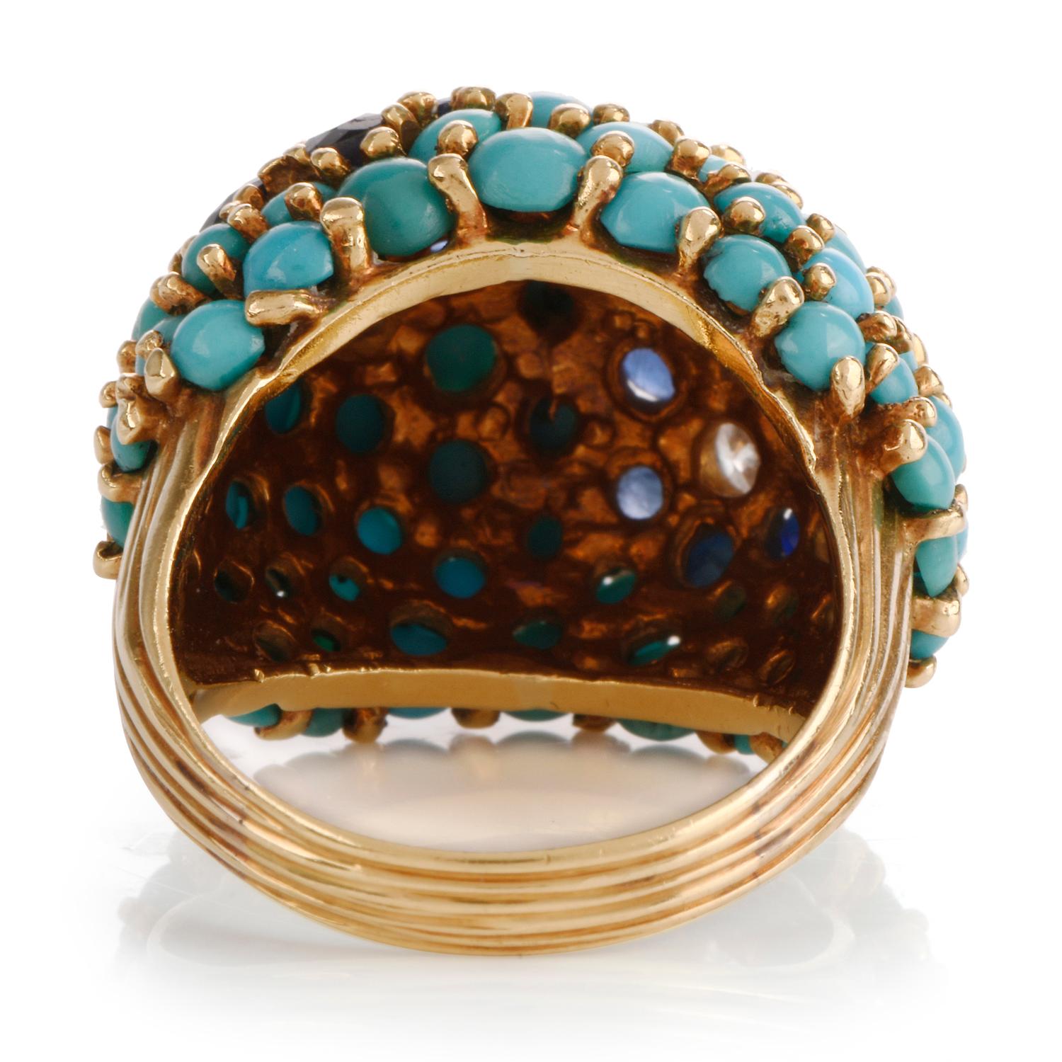 1970s Chic Turquoise Sapphire Diamond 18 Karat Gold  Dome Bombe Ring 1