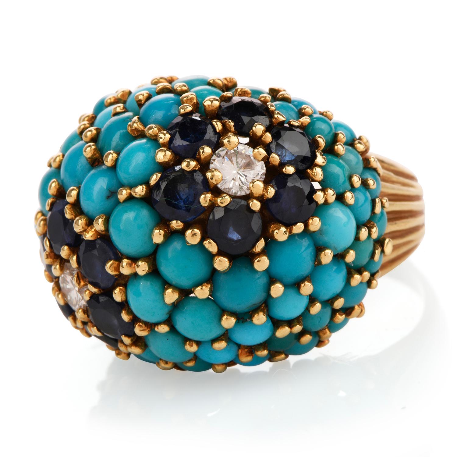 Women's 1970s Chic Turquoise Sapphire Diamond 18 Karat Gold  Dome Bombe Ring