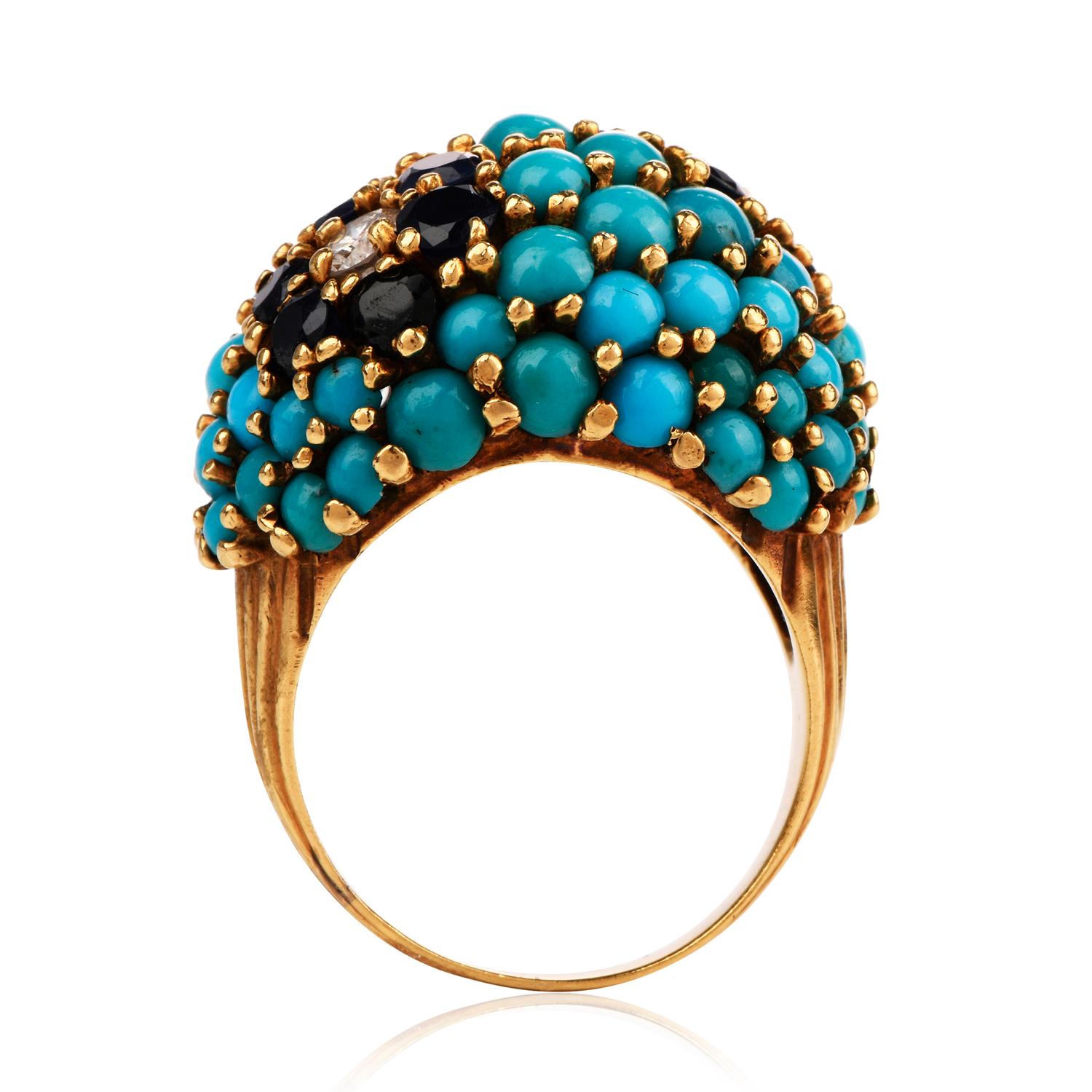 1970s Chic Turquoise Sapphire Diamond 18 Karat Gold  Dome Bombe Ring 2