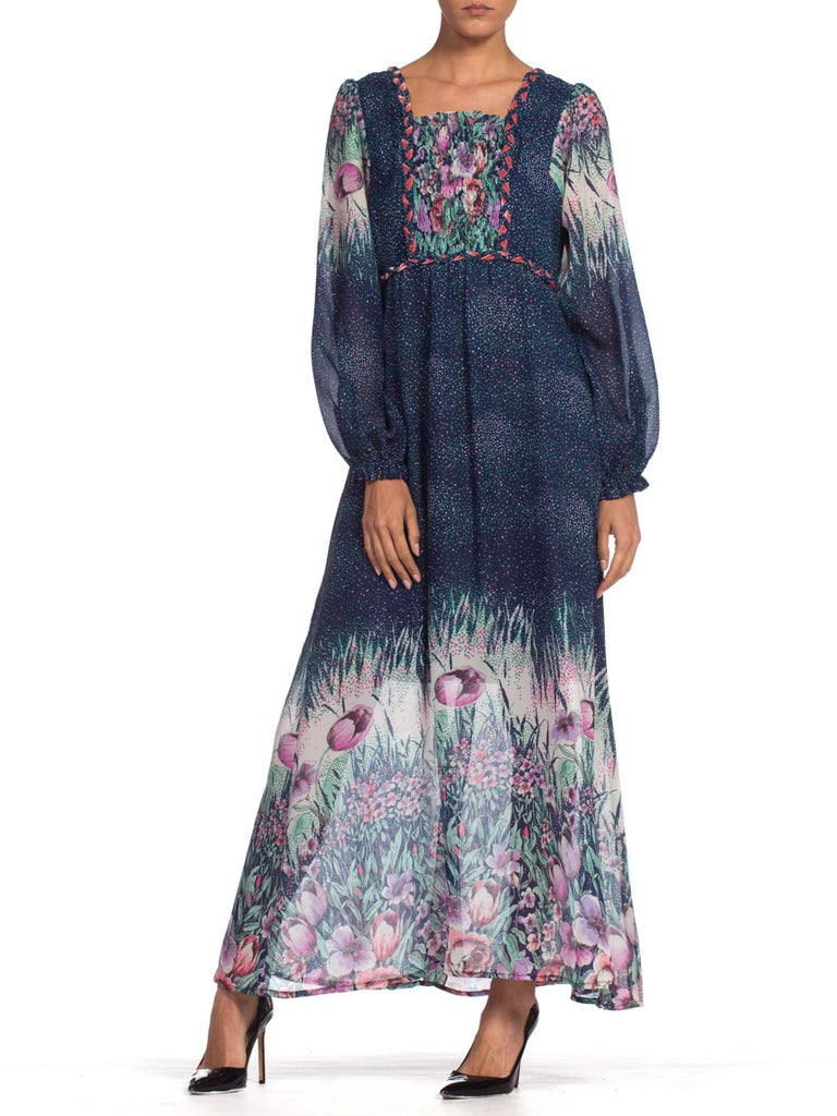 1970'S Navy Blue Polyester Chiffon Prairie Floral Boho Dress From ...