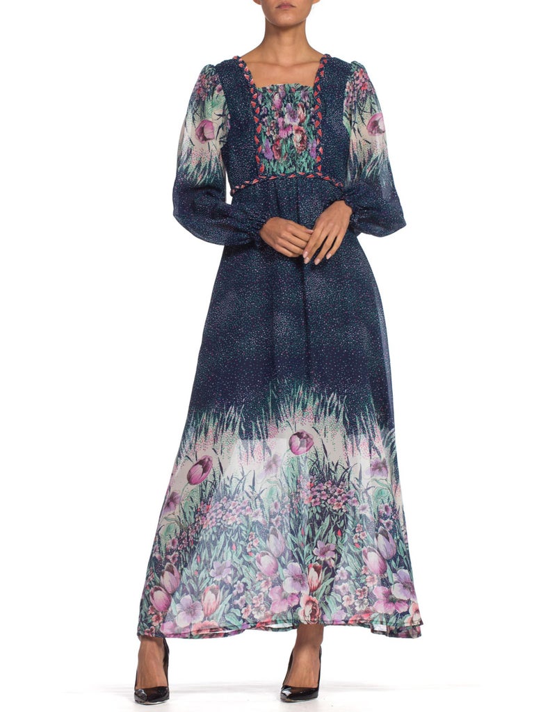 1970'S Navy Blue Polyester Chiffon Prairie Floral Boho Dress From ...