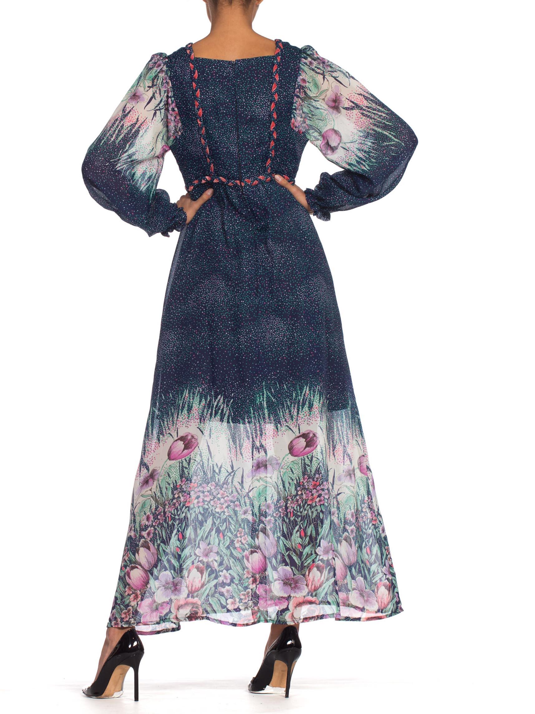 Black 1970'S Navy Blue Polyester Chiffon Prairie Floral Boho Dress From Belgium