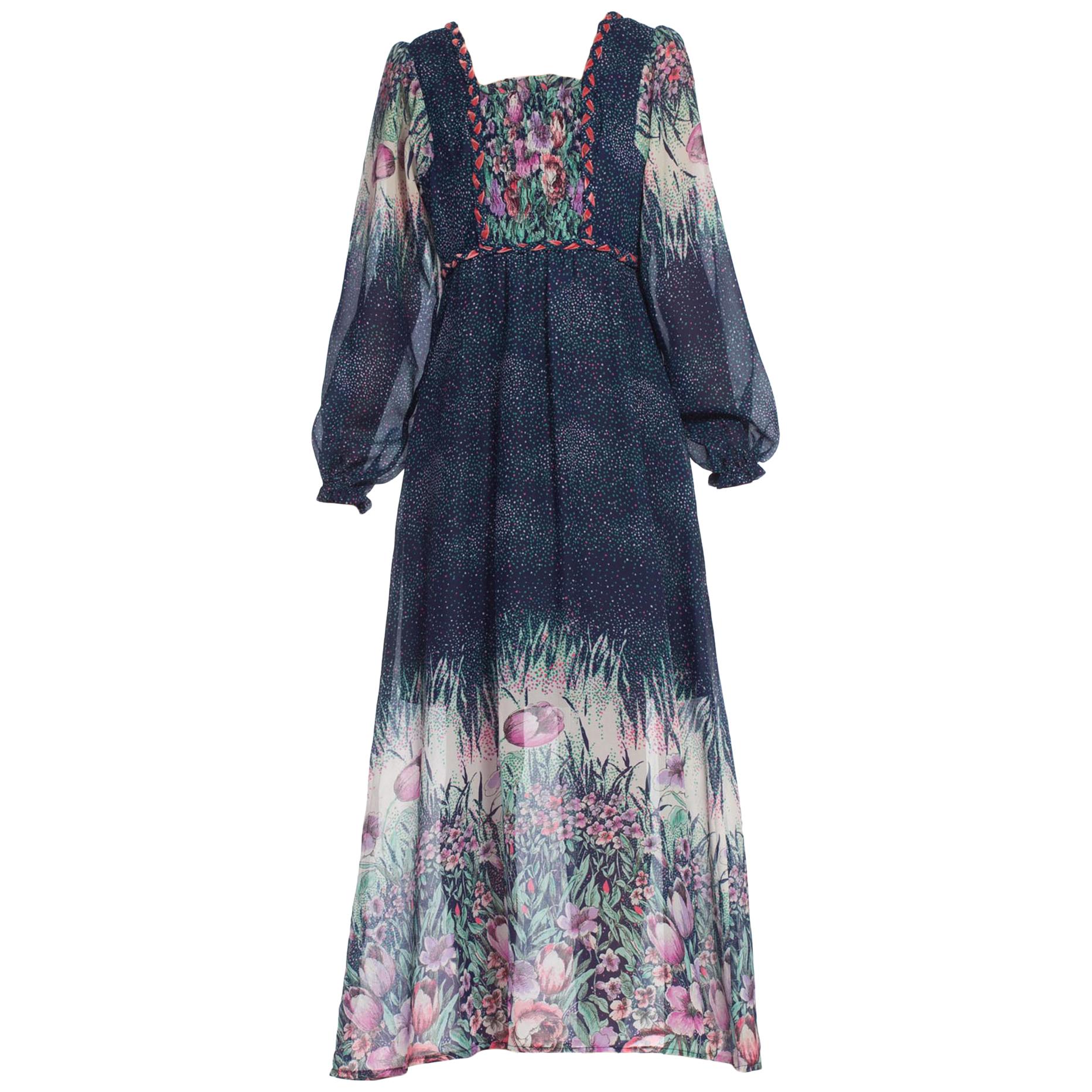 1970'S Navy Blue Polyester Chiffon Prairie Floral Boho Dress From ...