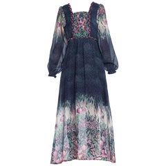 Vintage 1970'S Navy Blue Polyester Chiffon Prairie Floral Boho Dress From Belgium