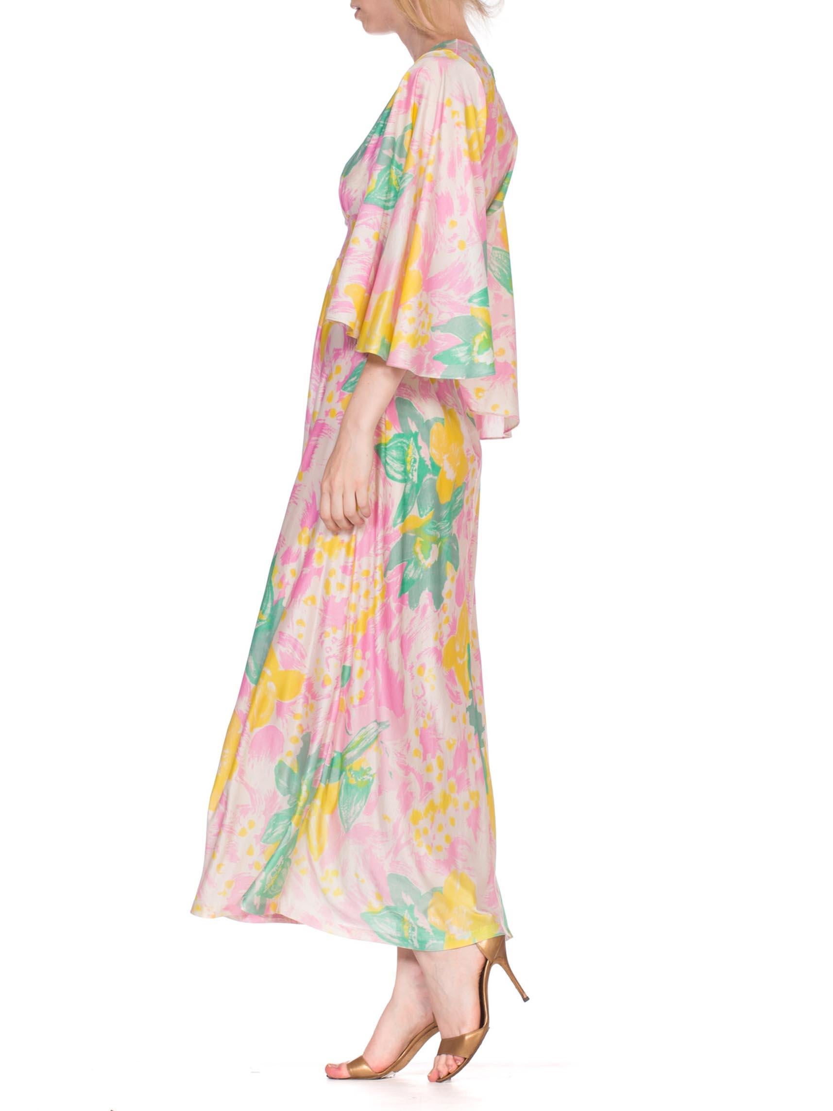 1970'S Baby Pink Floral Acetate Tricot Jersey Flowy Maxi Dress Cape Sleeve Kaftan
