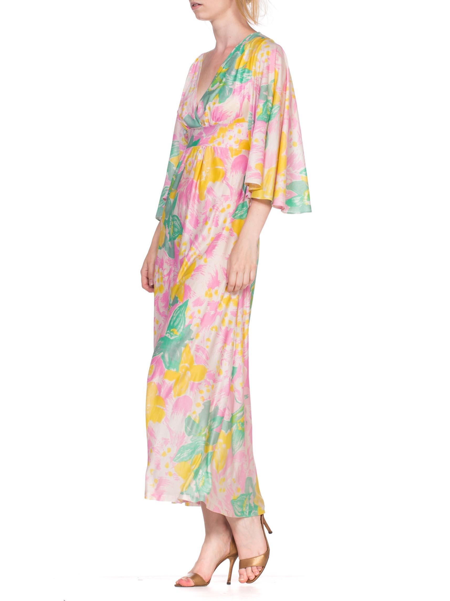 1970'S Baby Pink Floral Acetate Tricot Jersey Flowy Maxi Dress Cape Sleeve Kaft In Excellent Condition In New York, NY