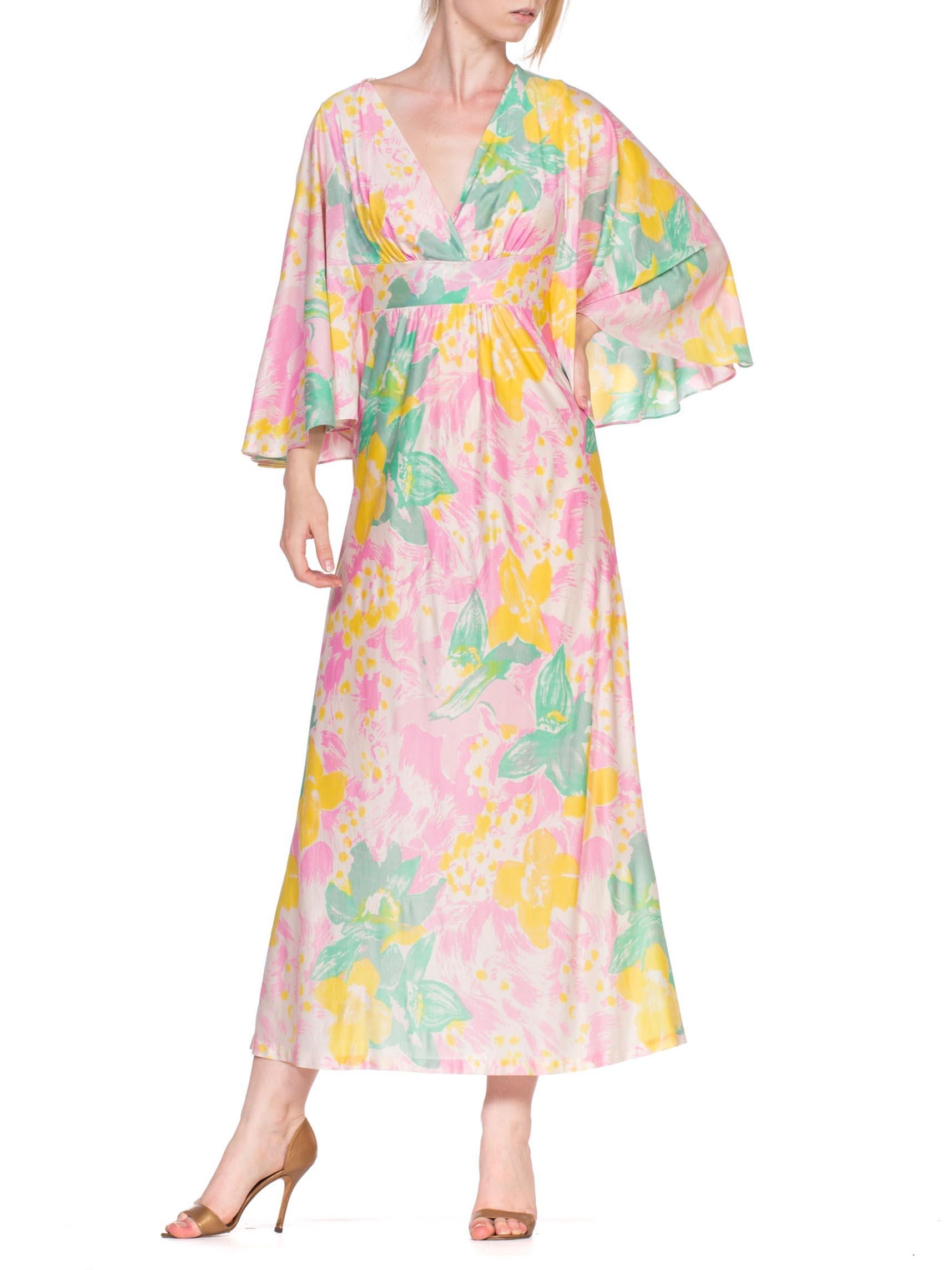 1970'S Baby Pink Floral Acetate Tricot Jersey Flowy Maxi Dress Cape Sleeve Kaft 3