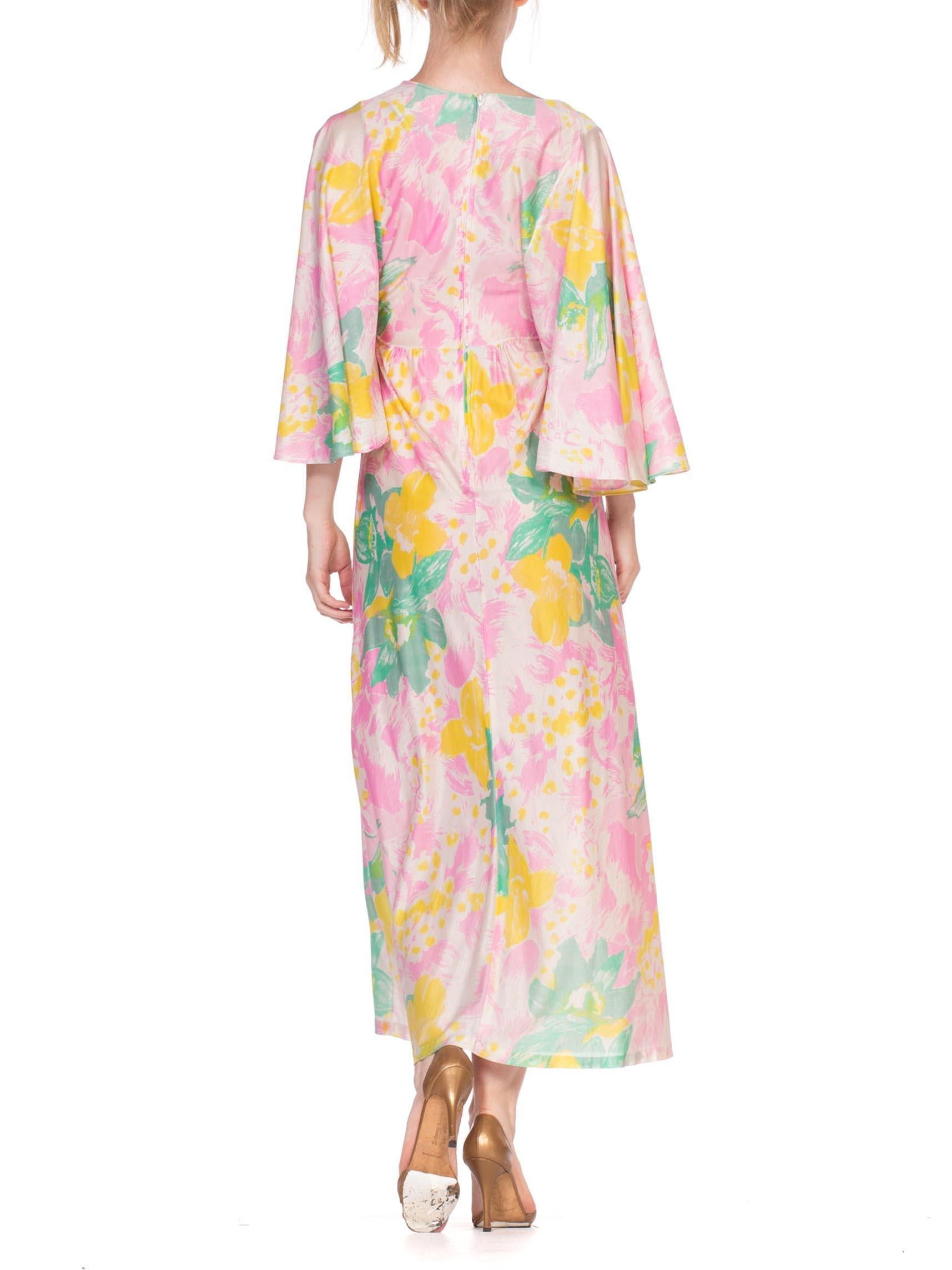 1970'S Baby Pink Floral Acetate Tricot Jersey Flowy Maxi Dress Cape Sleeve Kaft 4