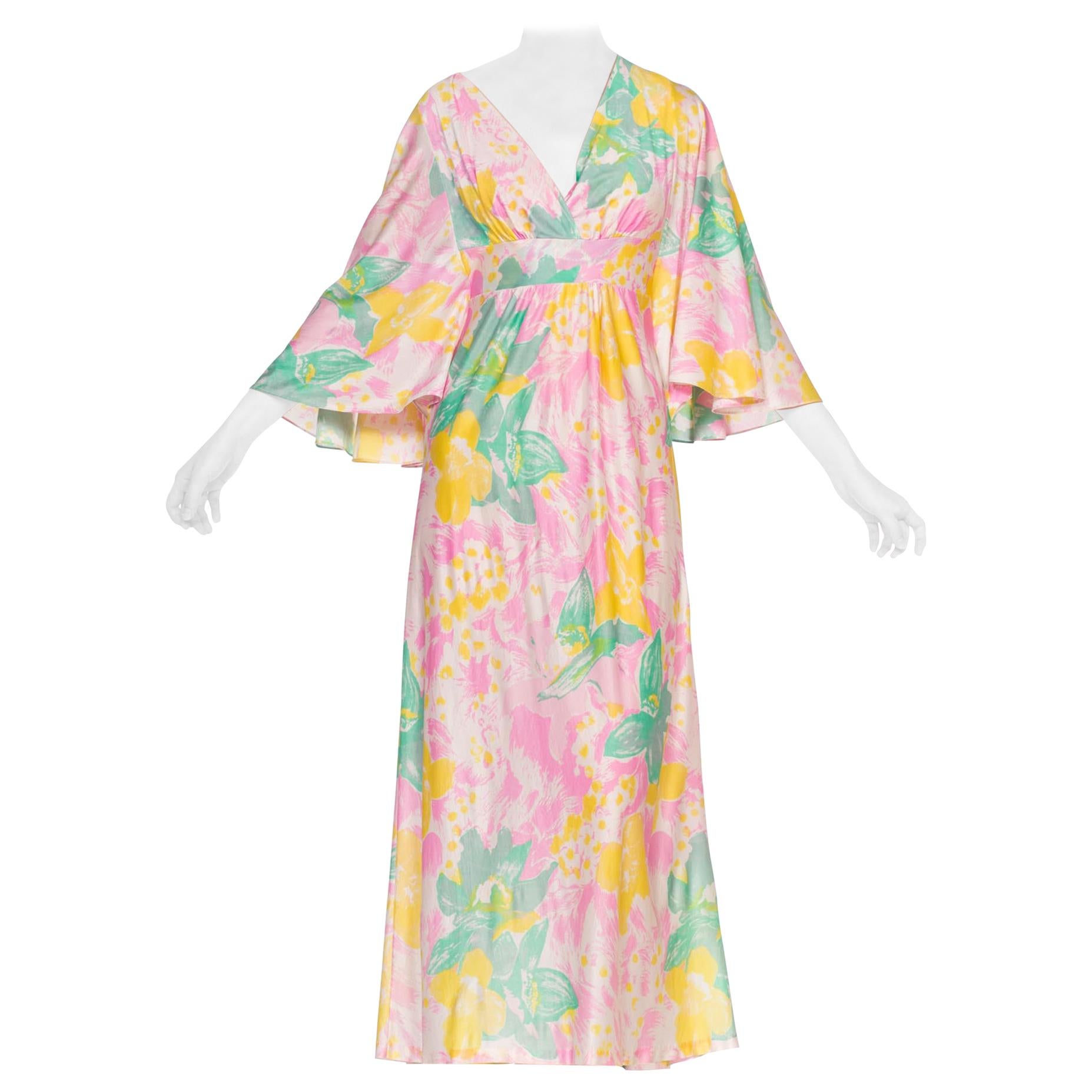 1970'S Baby Pink Floral Acetate Tricot Jersey Flowy Maxi Dress Cape Sleeve Kaft