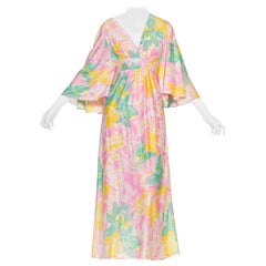 Vintage 1970'S Baby Pink Floral Acetate Tricot Jersey Flowy Maxi Dress Cape Sleeve Kaft