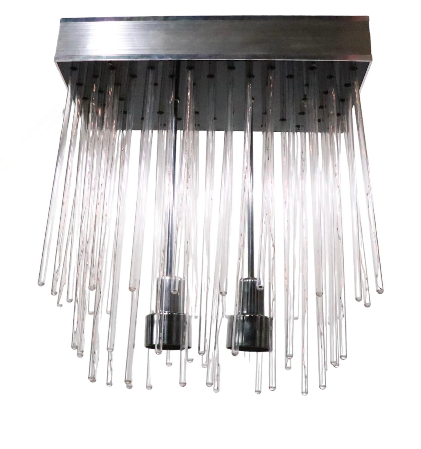 American 1970’s Flush Mount Chandelier w Lucite Tube Bulb Elements  For Sale