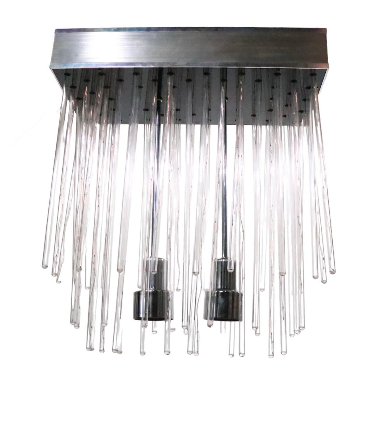 1970’s Flush Mount Chandelier w Lucite Tube Bulb Elements  In Good Condition For Sale In New York, NY