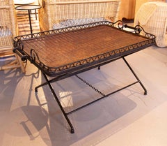 1970s Foldable Auxiliary Coffee Tray with Iron Foot and Wicker Lid
