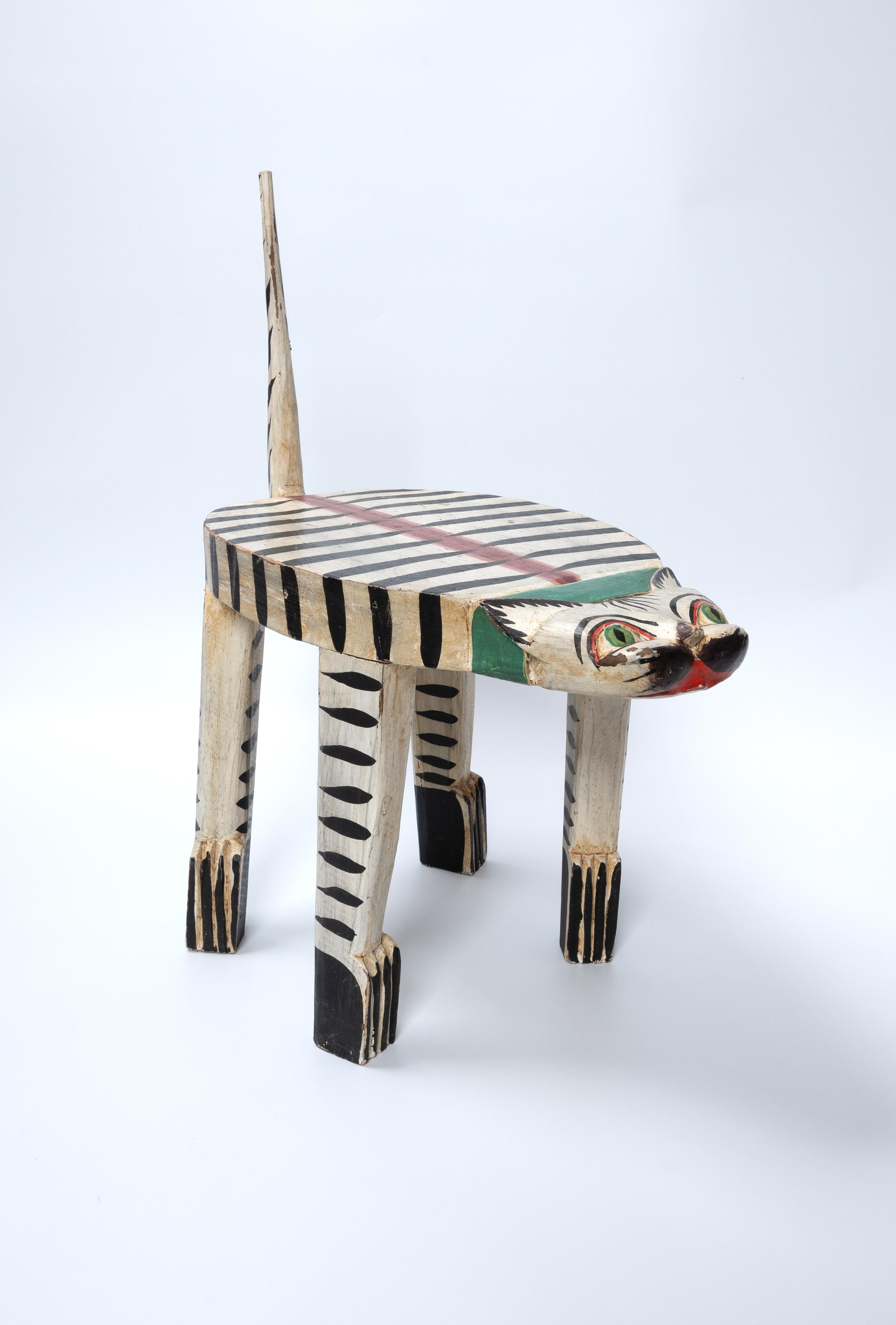 20th Century 1970's Folk Art Wooden Cat Stool Side Table