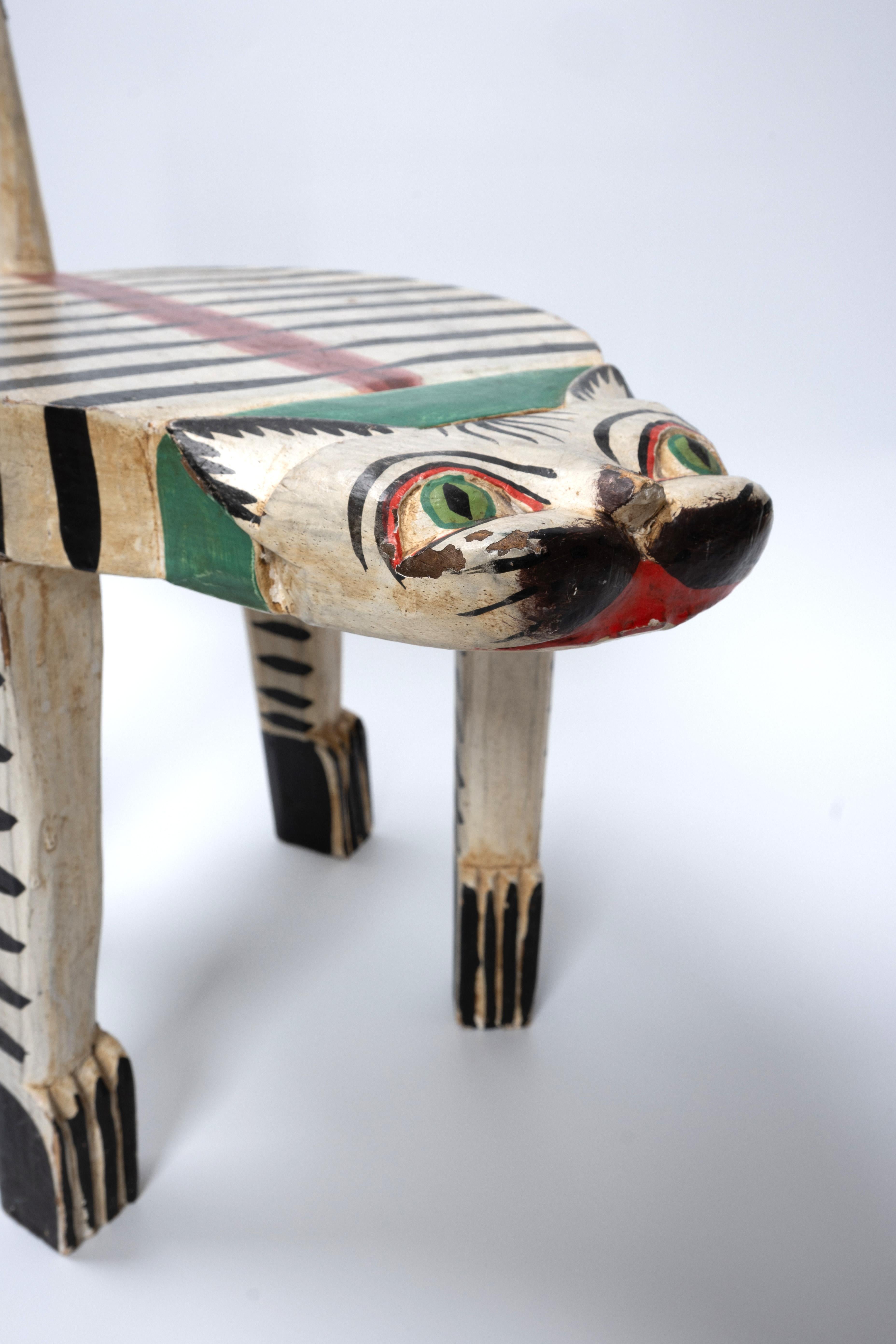 Fruitwood 1970's Folk Art Wooden Cat Stool Side Table