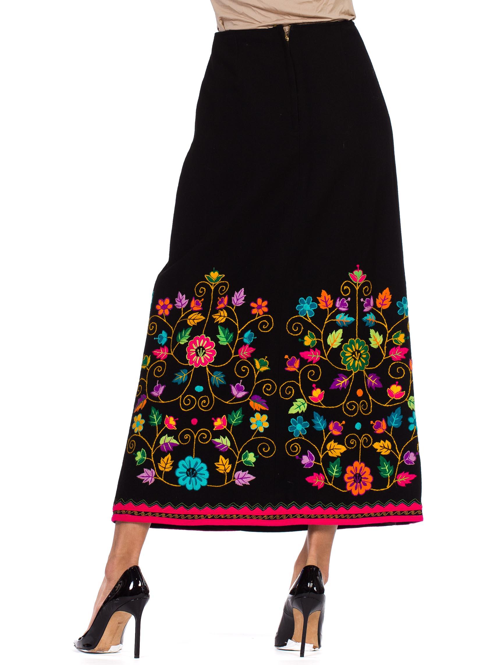Black 1970s Folk Embroidered Wool Skirt