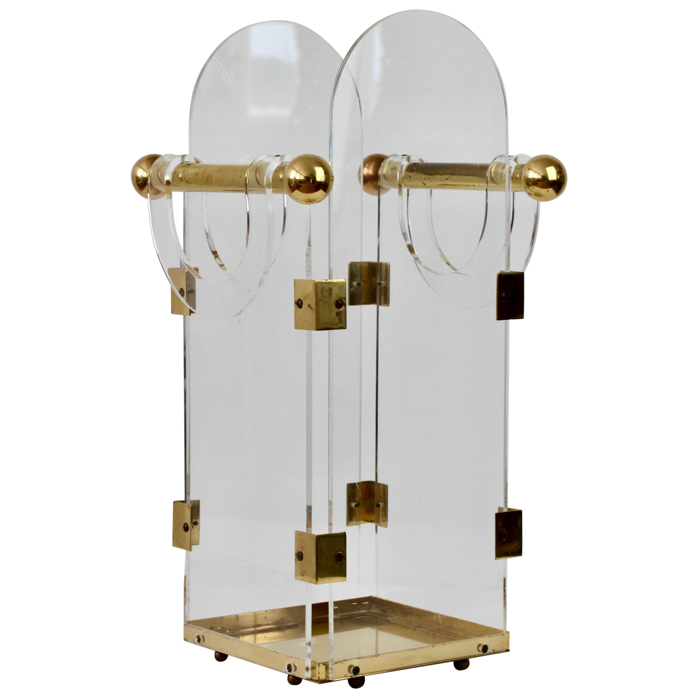 1970s Fontana Arte / Hollis Jones Style Lucite / Acrylic & Brass Umbrella Stand
