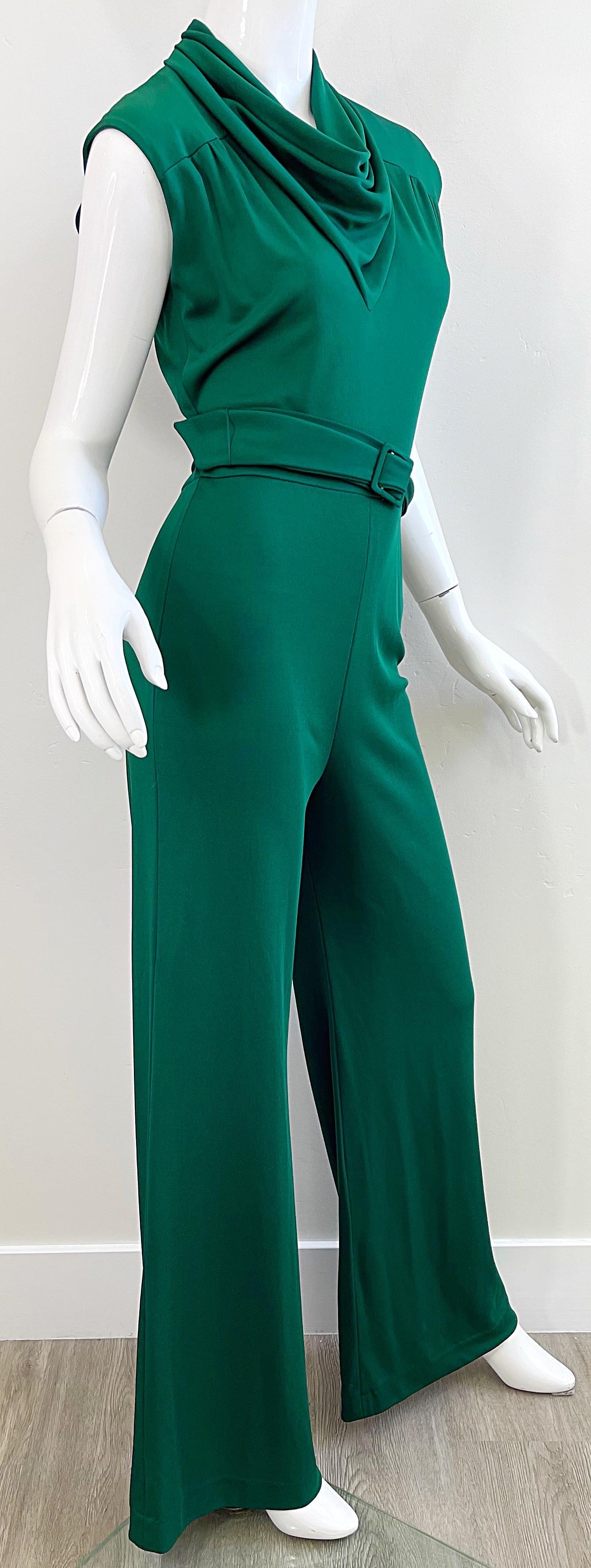 1970s Forest Green Flare Leg Bell Bottom Belted Vintage 70s Cowl Neck Jumpsuit 3