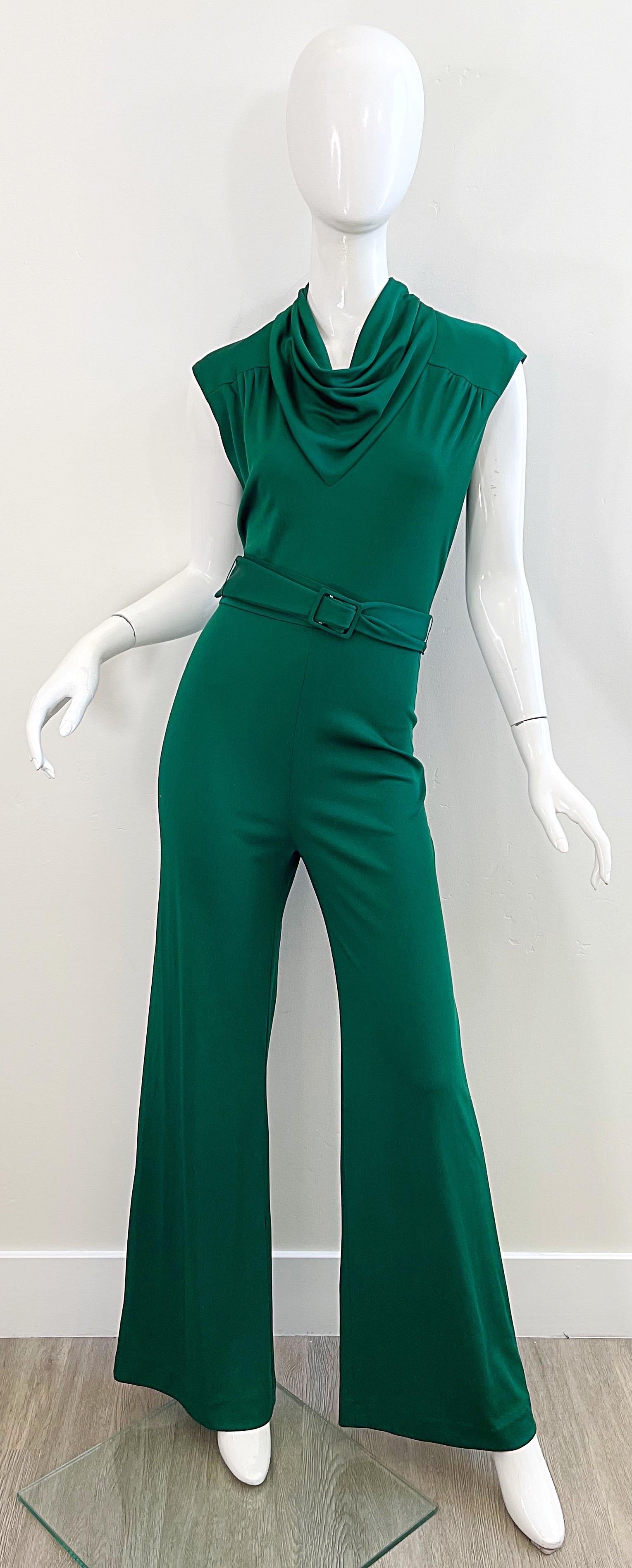 1970s Forest Green Flare Leg Bell Bottom Belted Vintage 70s Cowl Neck Jumpsuit 4
