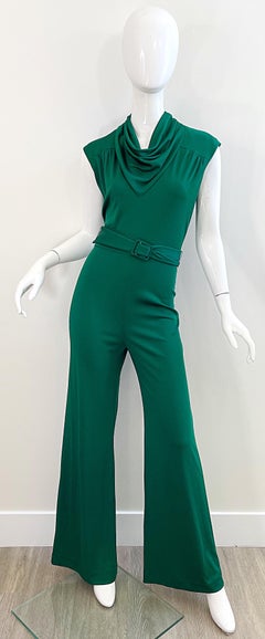 1970s Forest Green Flare Leg Bell Bottom Belted Vintage 70s Cowl Neck Jumpsuit