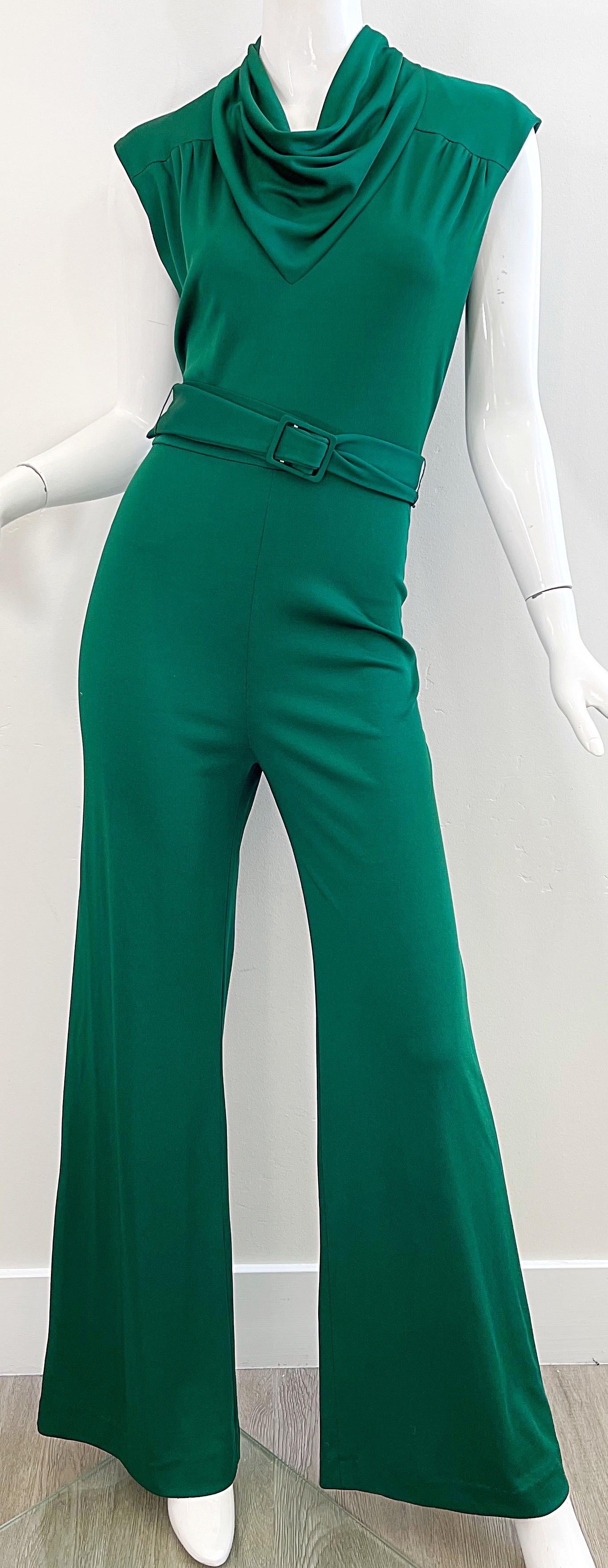 1970s Forest Green Flare Leg Bell Bottom Belted Vintage 70s Cowl Neck Jumpsuit In Excellent Condition In San Diego, CA
