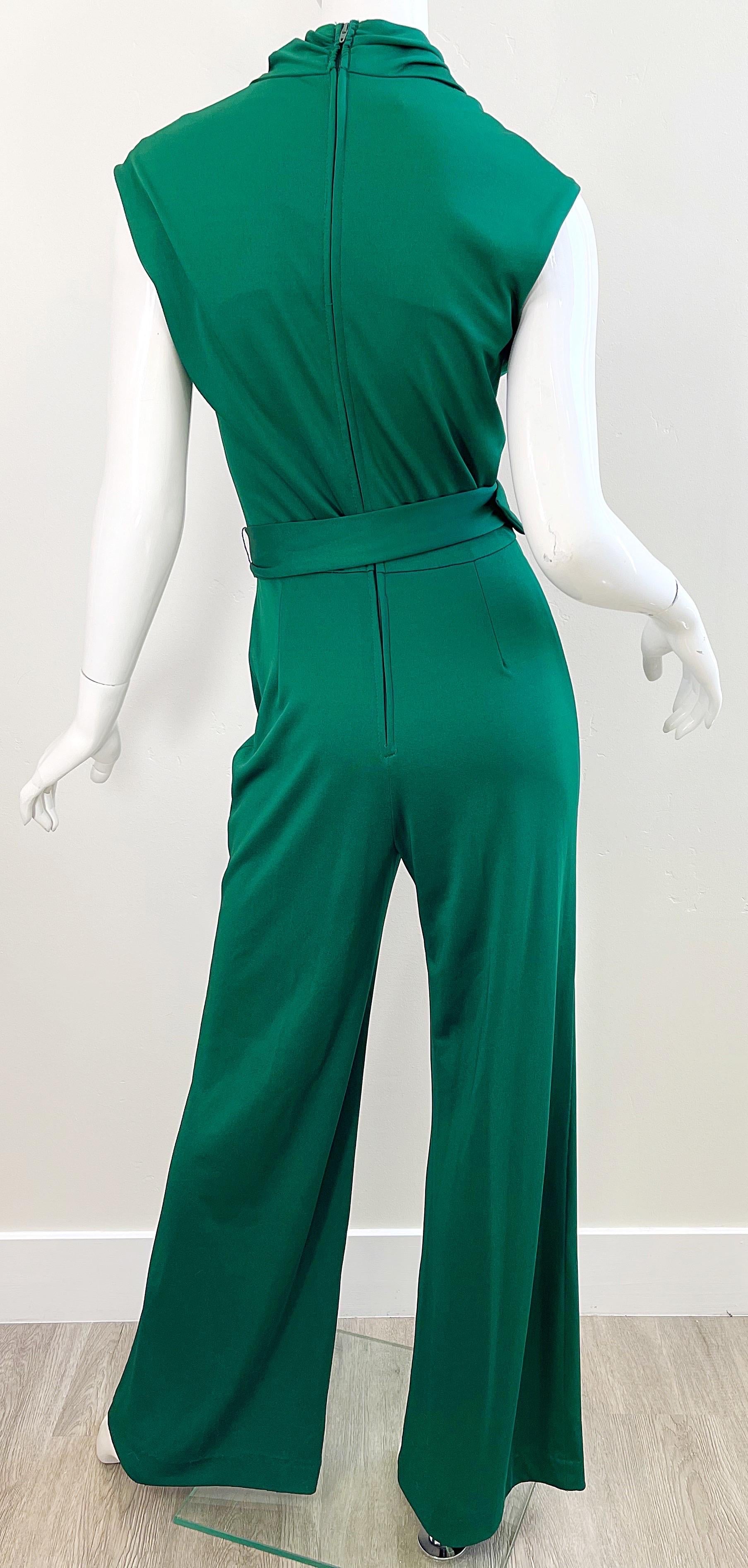 Women's 1970s Forest Green Flare Leg Bell Bottom Belted Vintage 70s Cowl Neck Jumpsuit