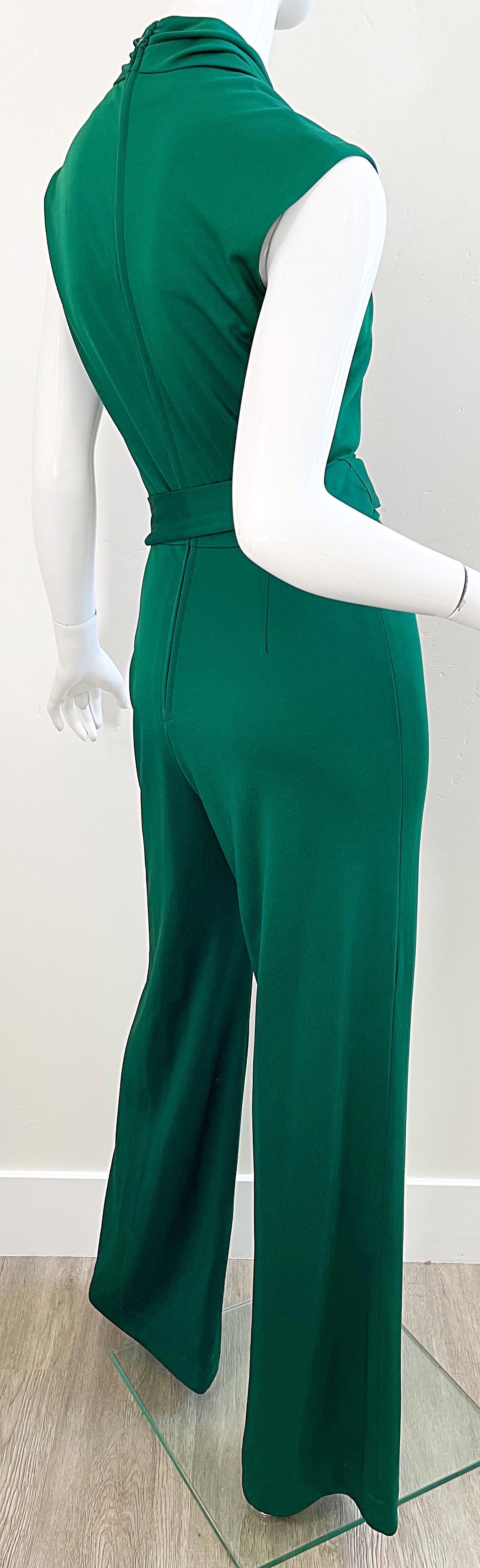 1970s Forest Green Flare Leg Bell Bottom Belted Vintage 70s Cowl Neck Jumpsuit 1